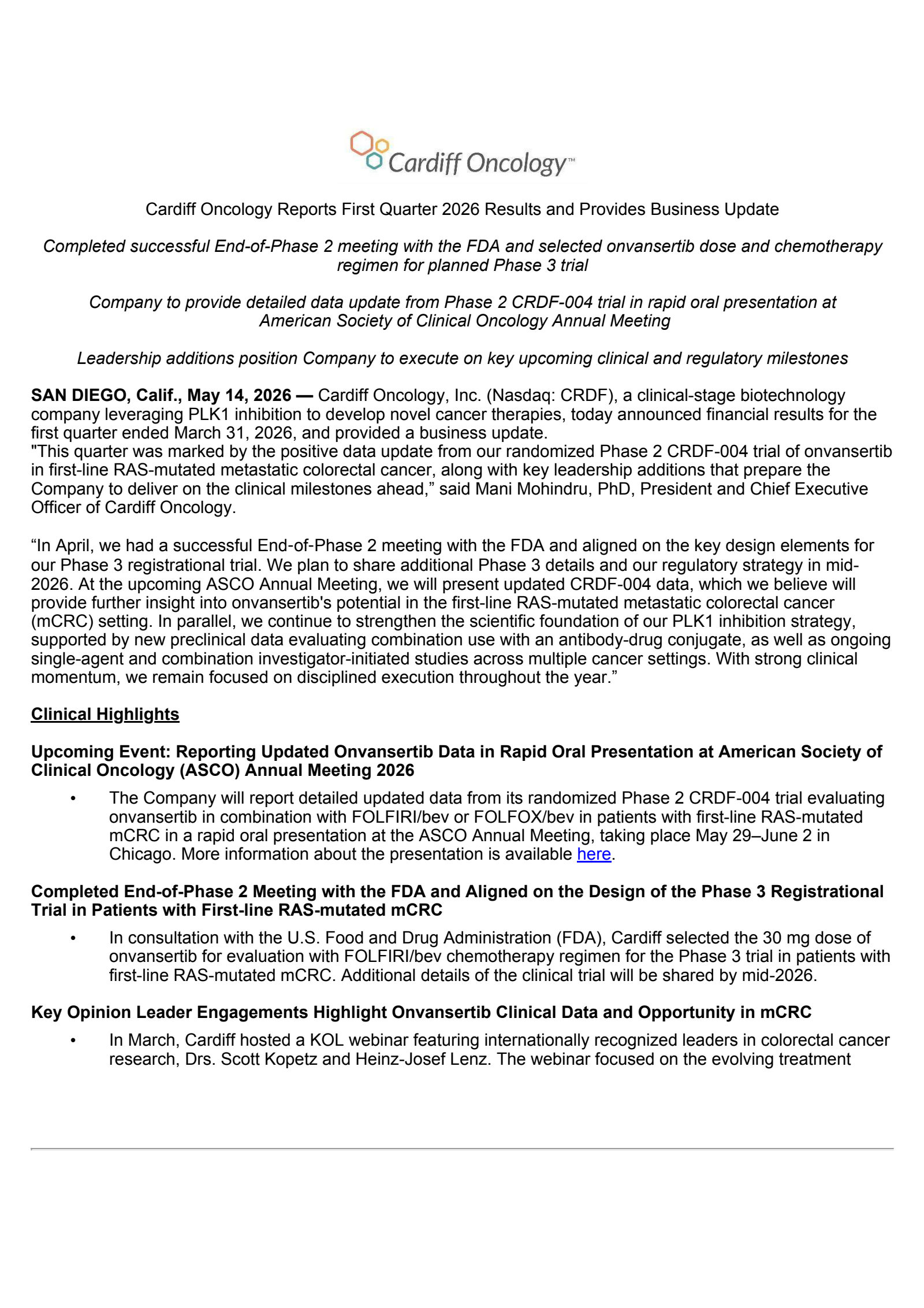 Cardiff Oncology's Q1 2026 Press Release