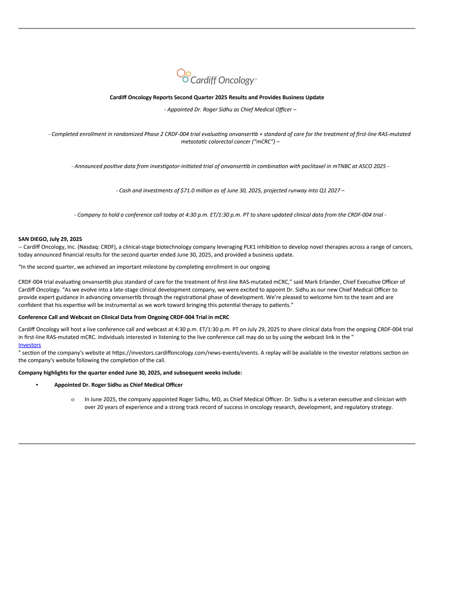 Cardiff Oncology's Q2 2025 Press Release
