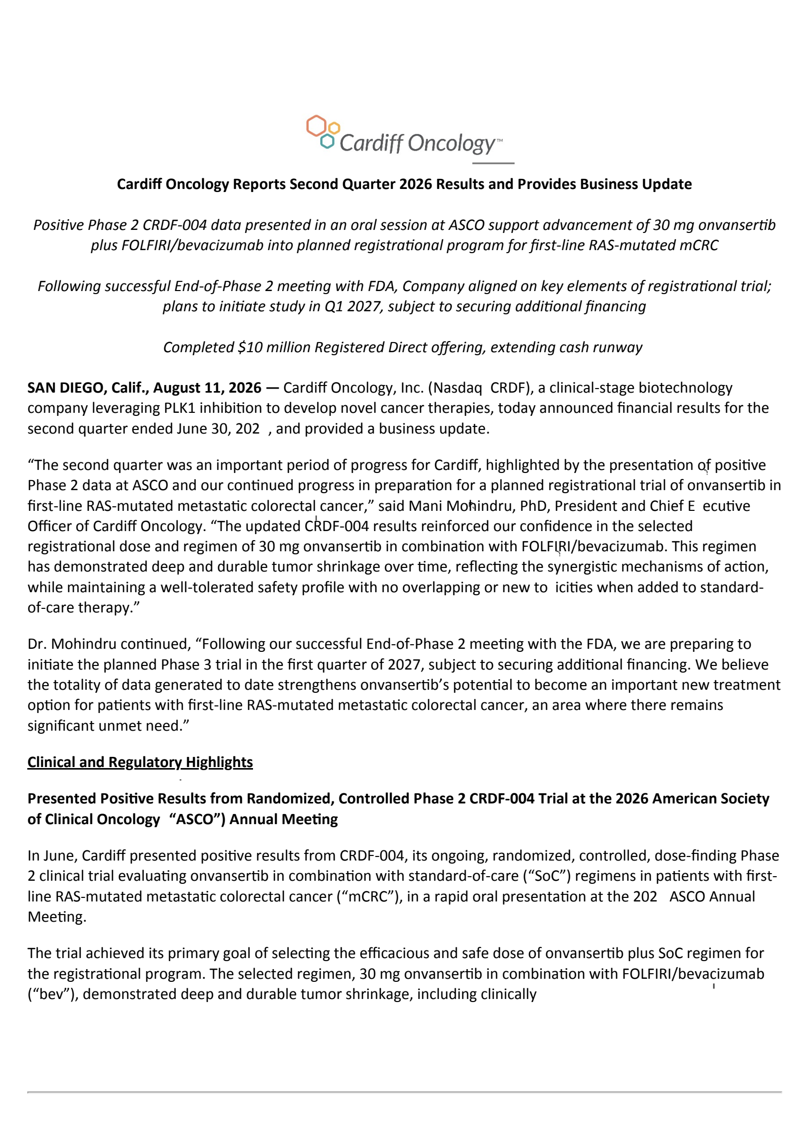 Cardiff Oncology's Q2 2026 Press Release