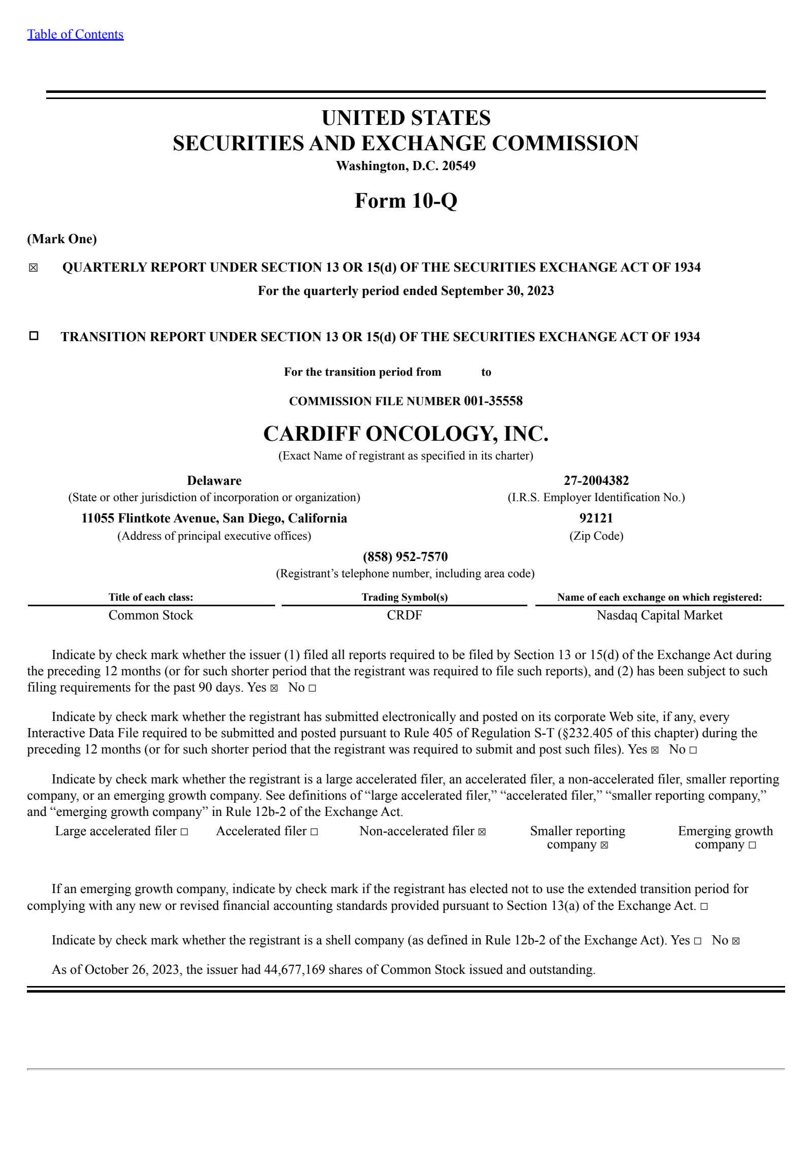 Cardiff Oncology's Q3 2023 Quarterly report