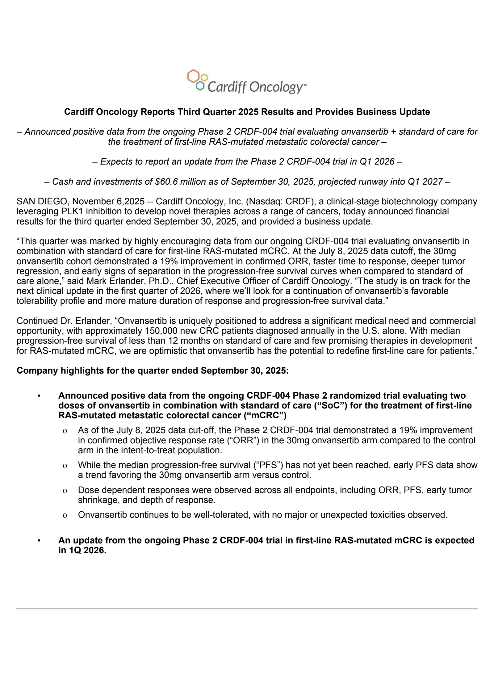 Cardiff Oncology's Q3 2025 Earnings Release