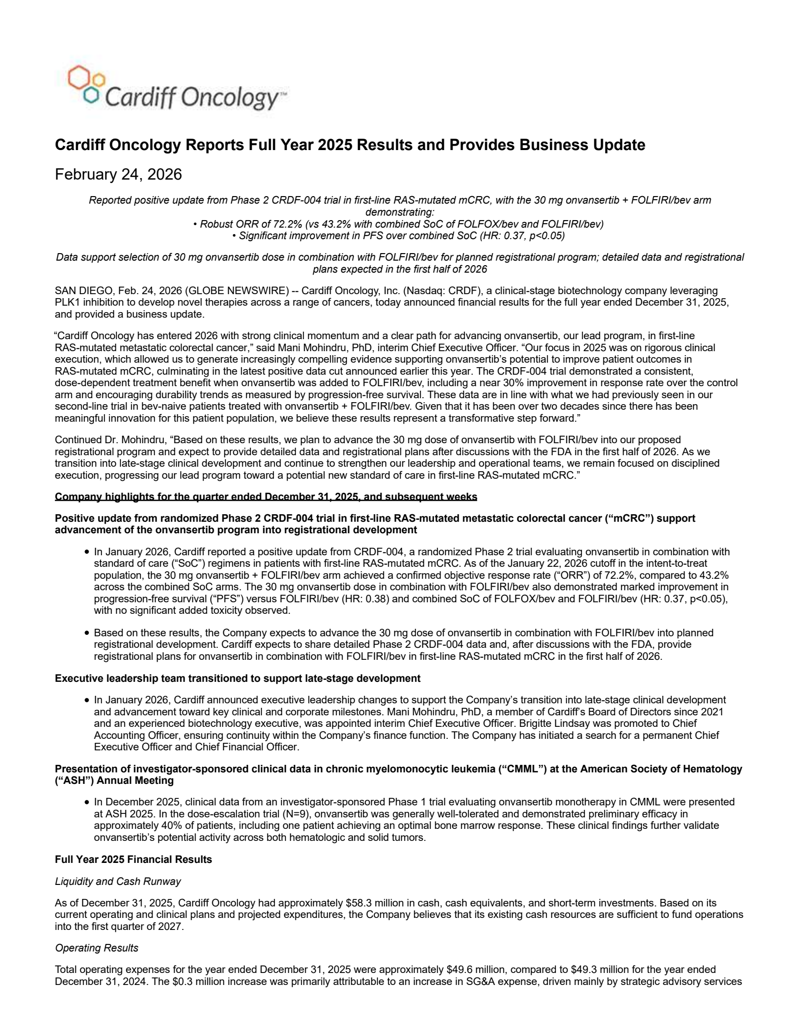 Cardiff Oncology's Q4 2025 Press Release