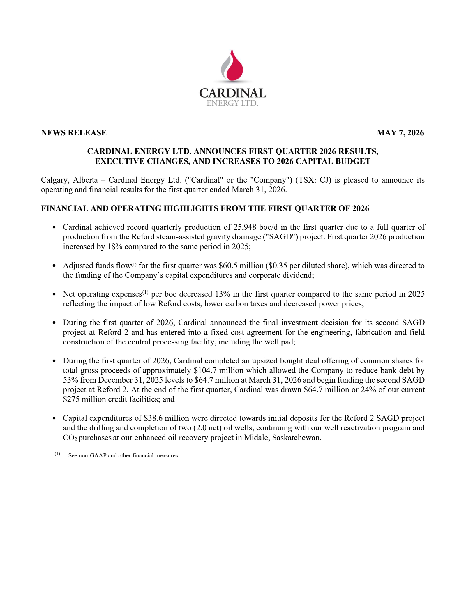 Cardinal Energy's Q1 2026 Press Release