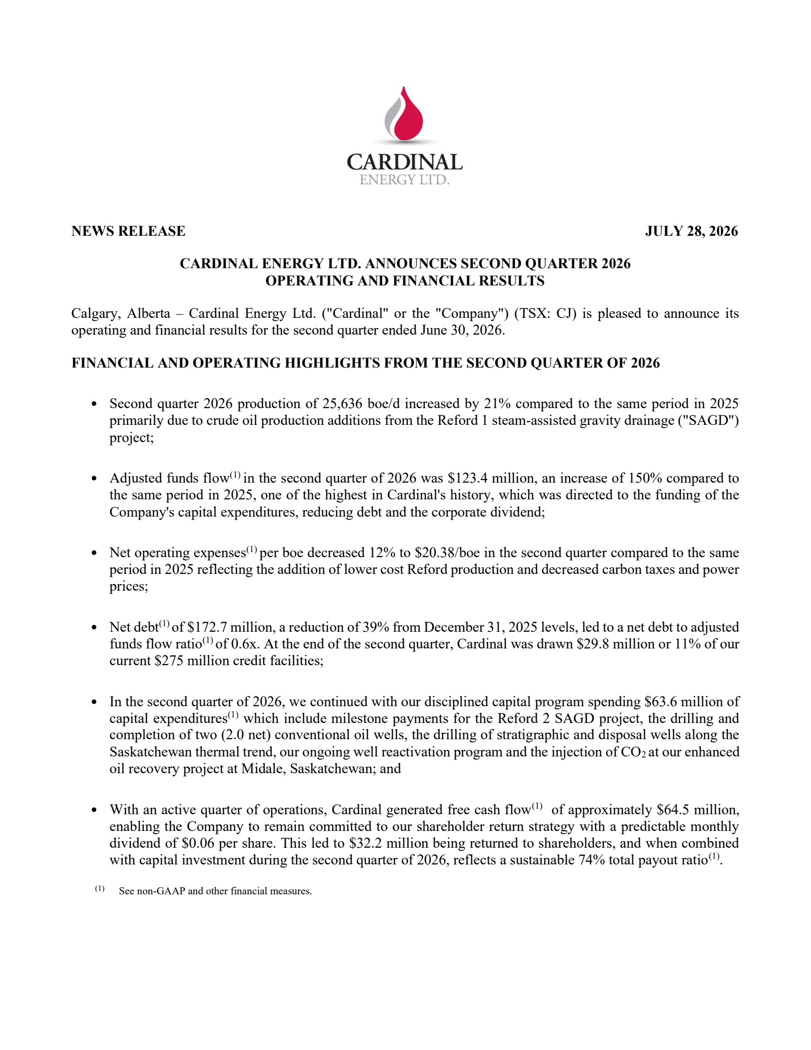 Cardinal Energy's Q2 2026 Press Release