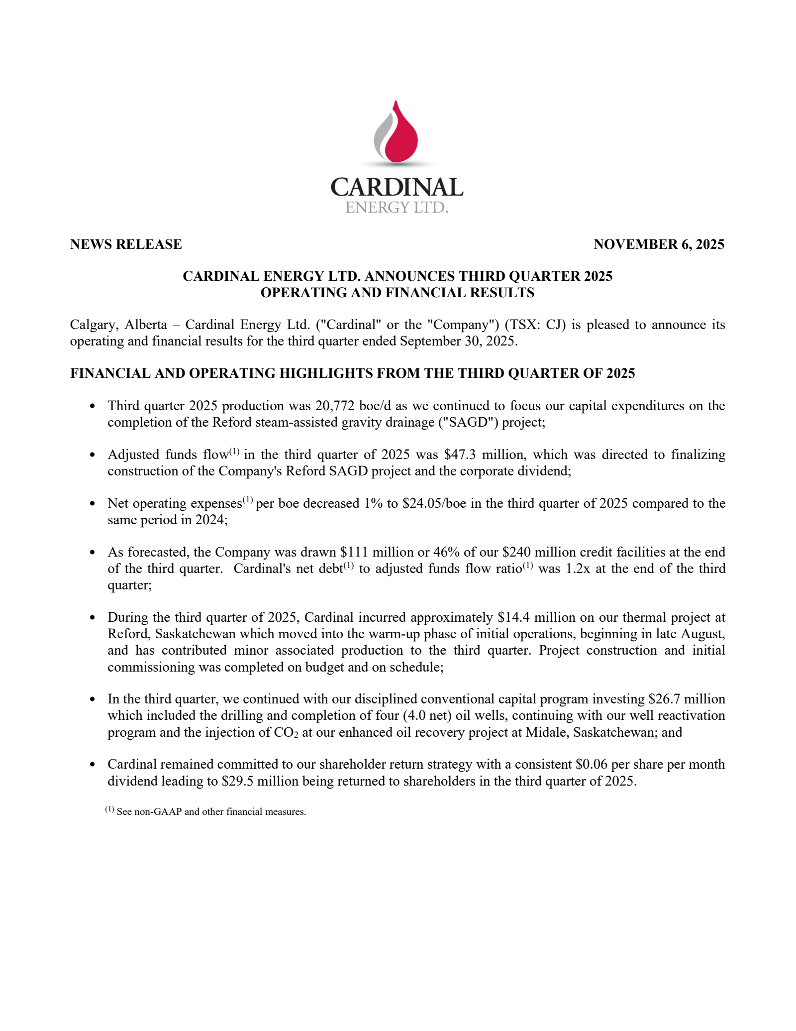 Cardinal Energy's Q3 2025 Earnings Release