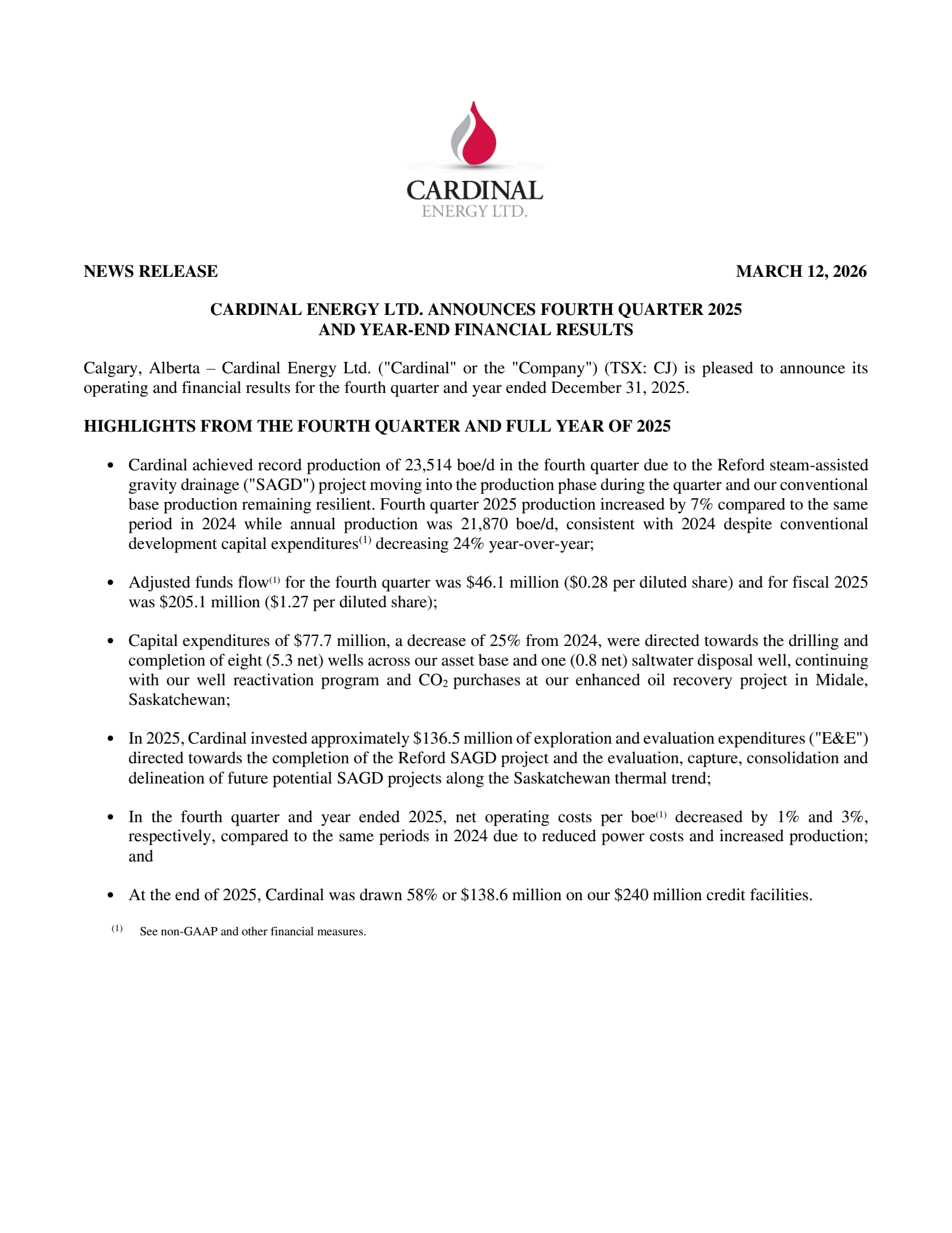 Cardinal Energy's Q4 2025 Press Release