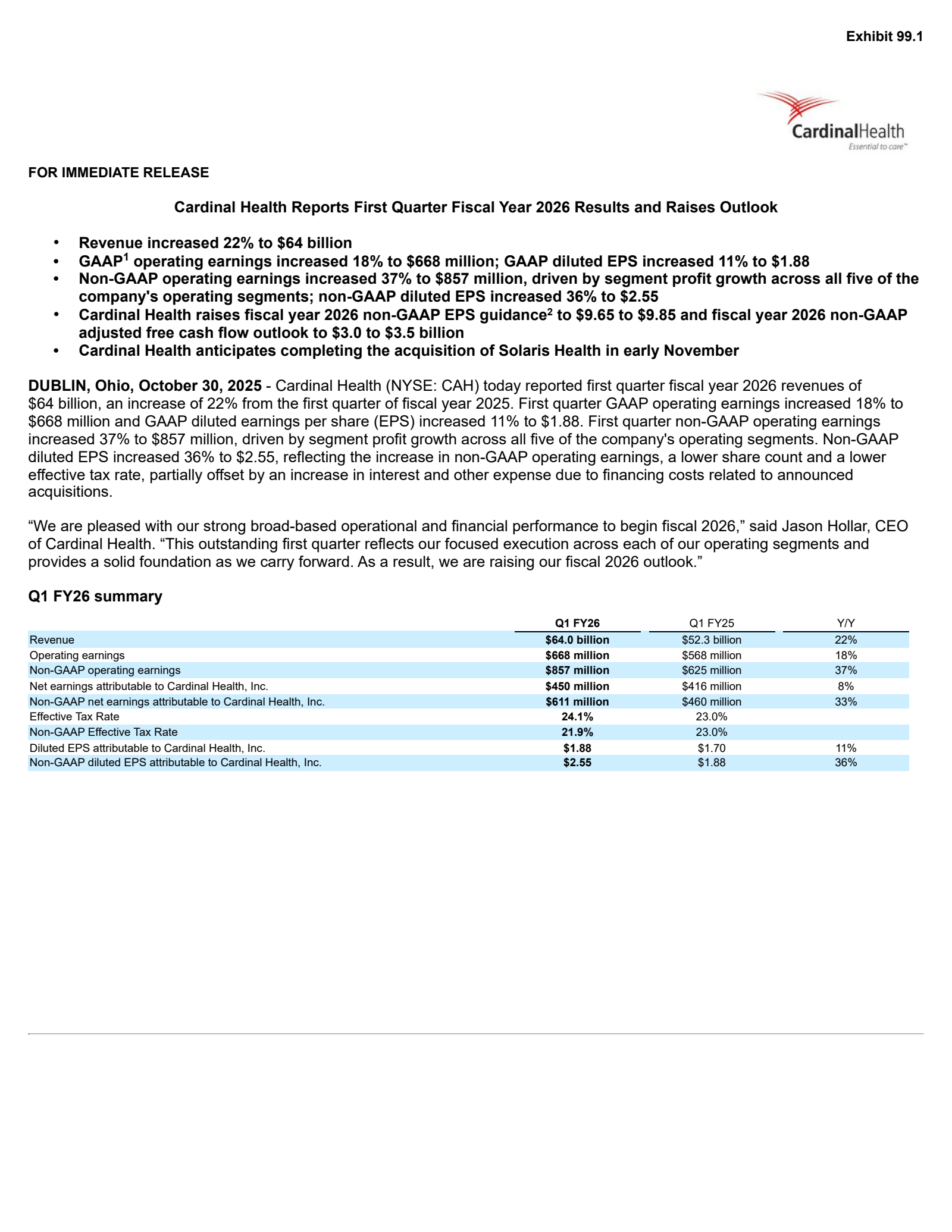 Cardinal Health's Q1 2026 Earnings Release