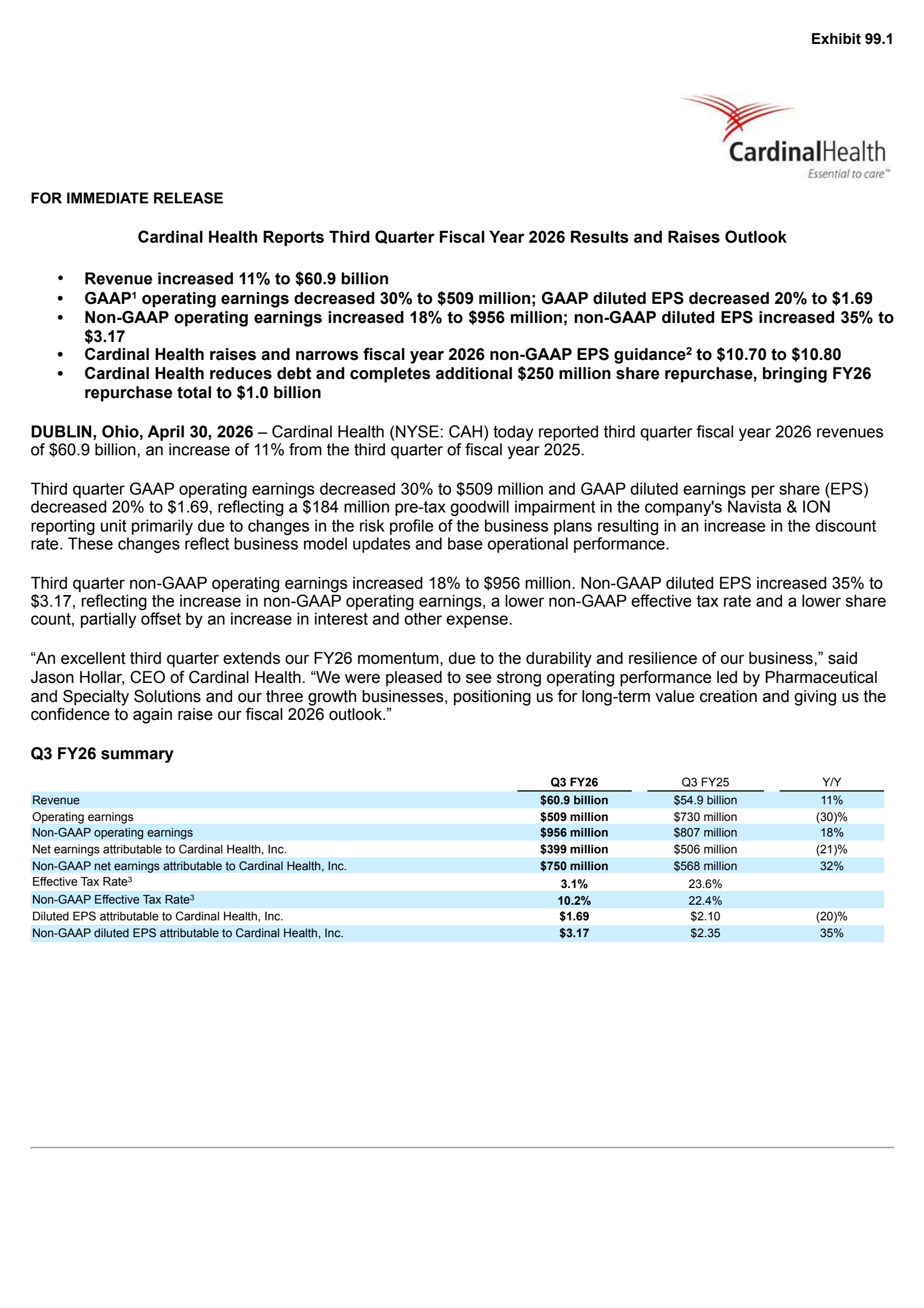 Cardinal Health's Q3 2026 Press Release