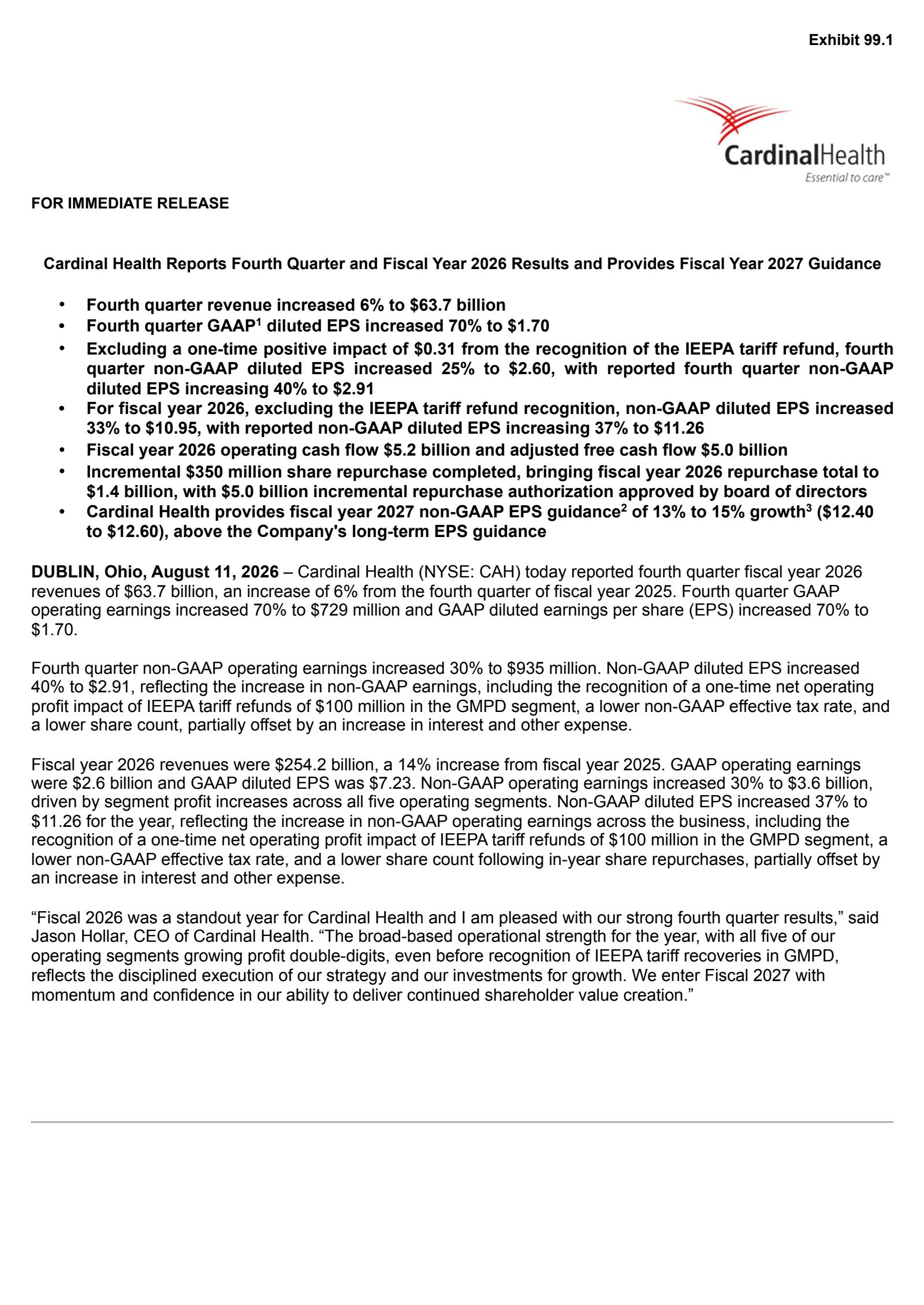 Cardinal Health's Q4 2026 Press Release