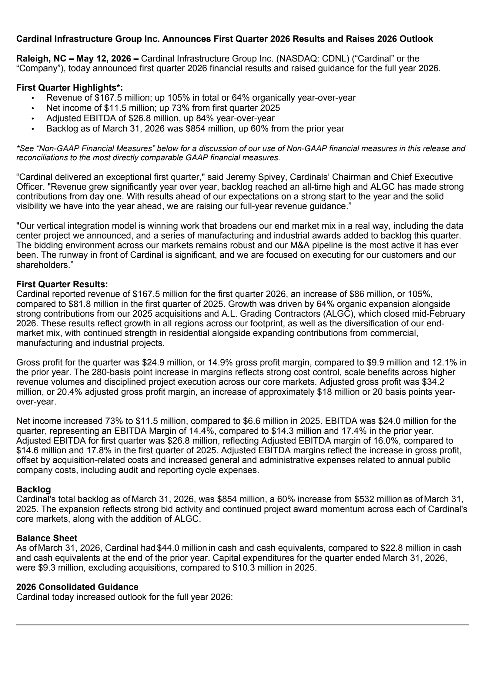 Cardinal Infrastructure Group's Q1 2026 Press Release