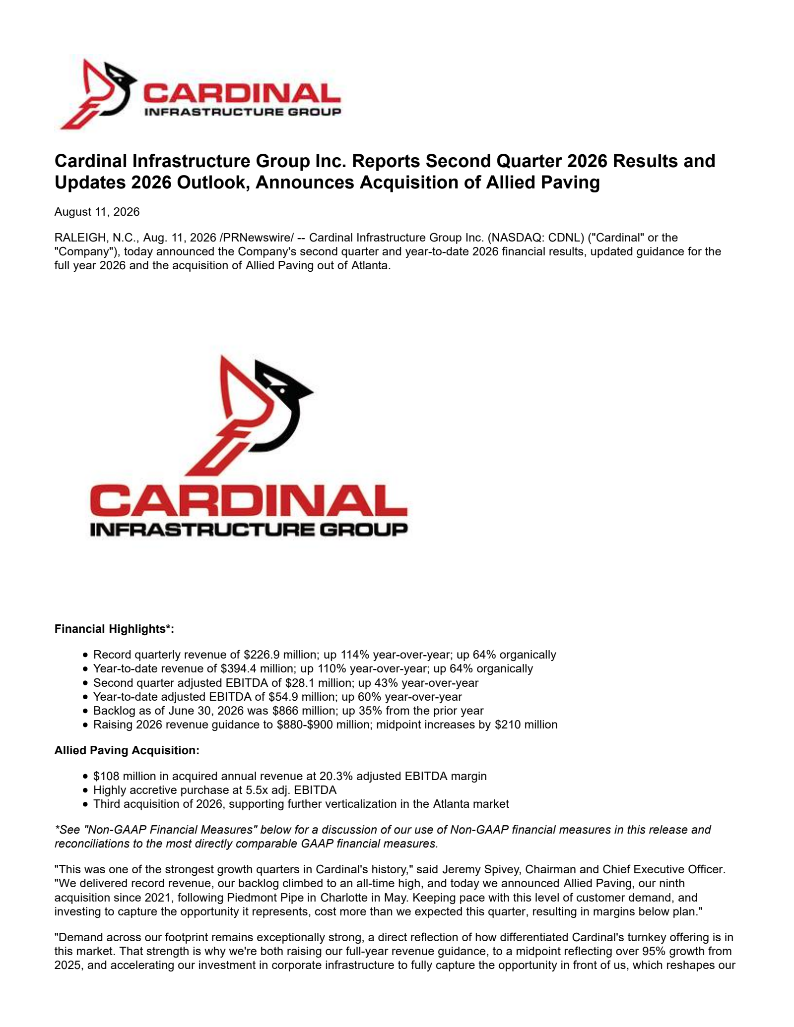 Cardinal Infrastructure Group's Q2 2026 Press Release