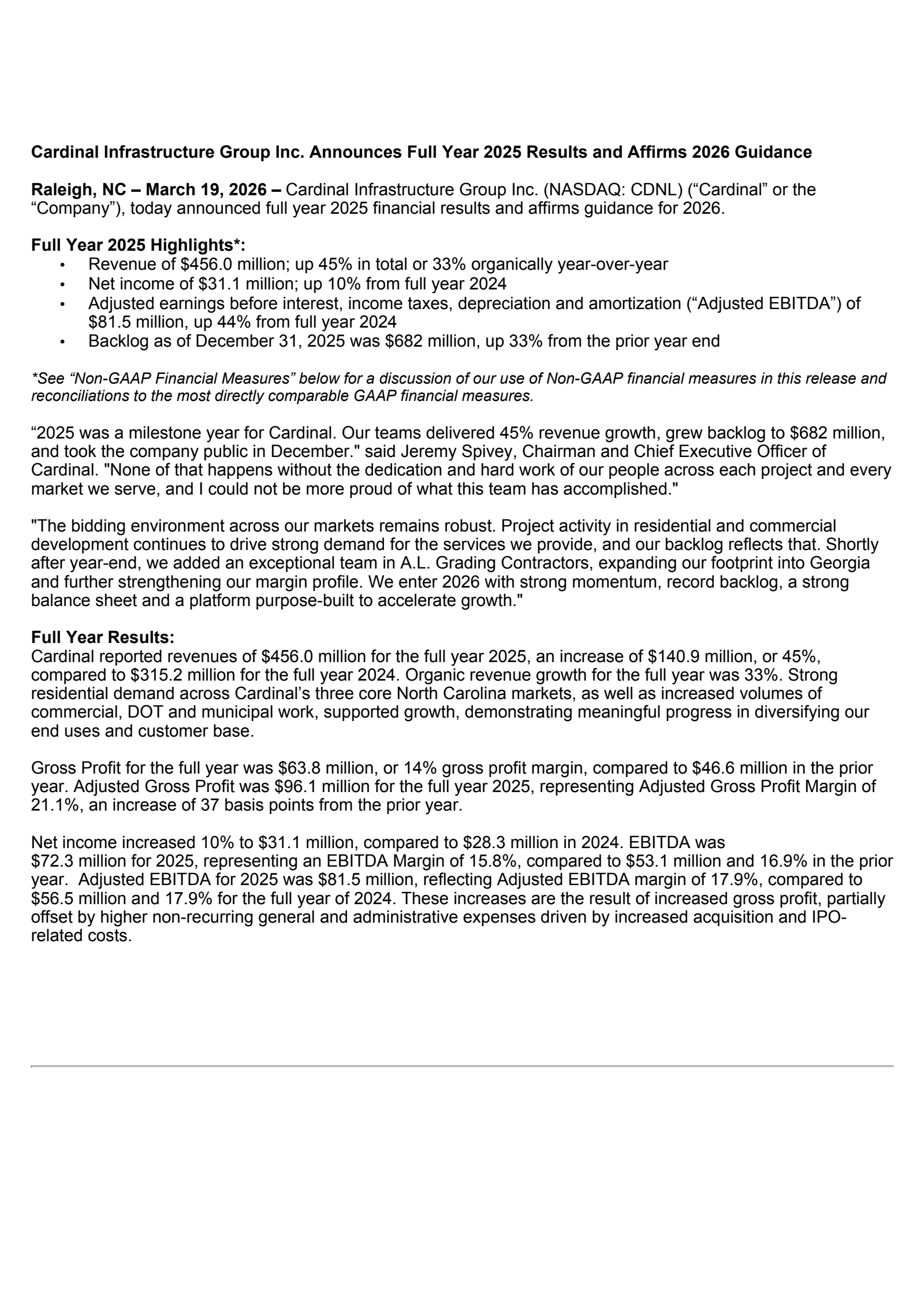 Cardinal Infrastructure Group's Q4 2025 Press Release