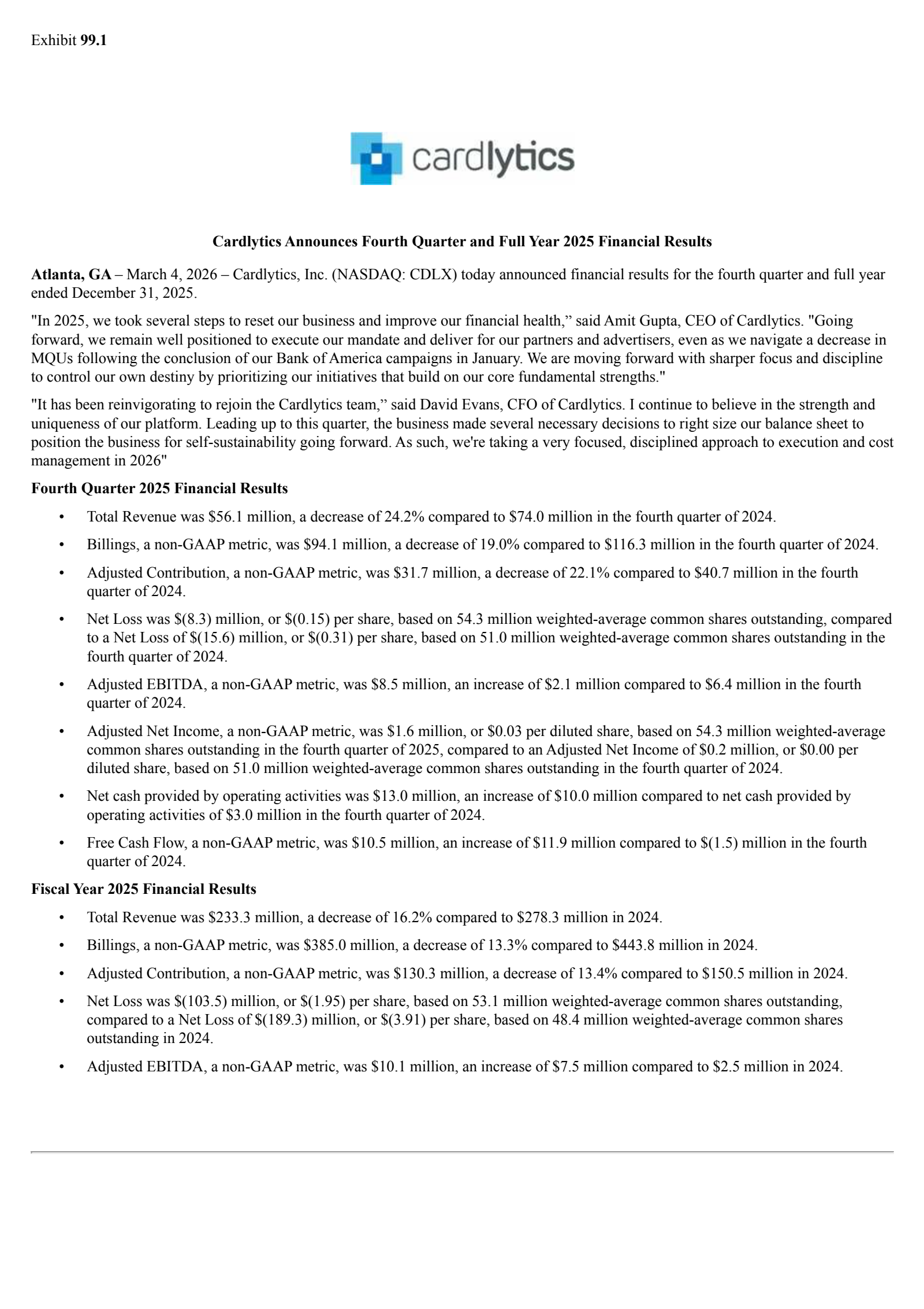 Cardlytics' Q4 2025 Press Release
