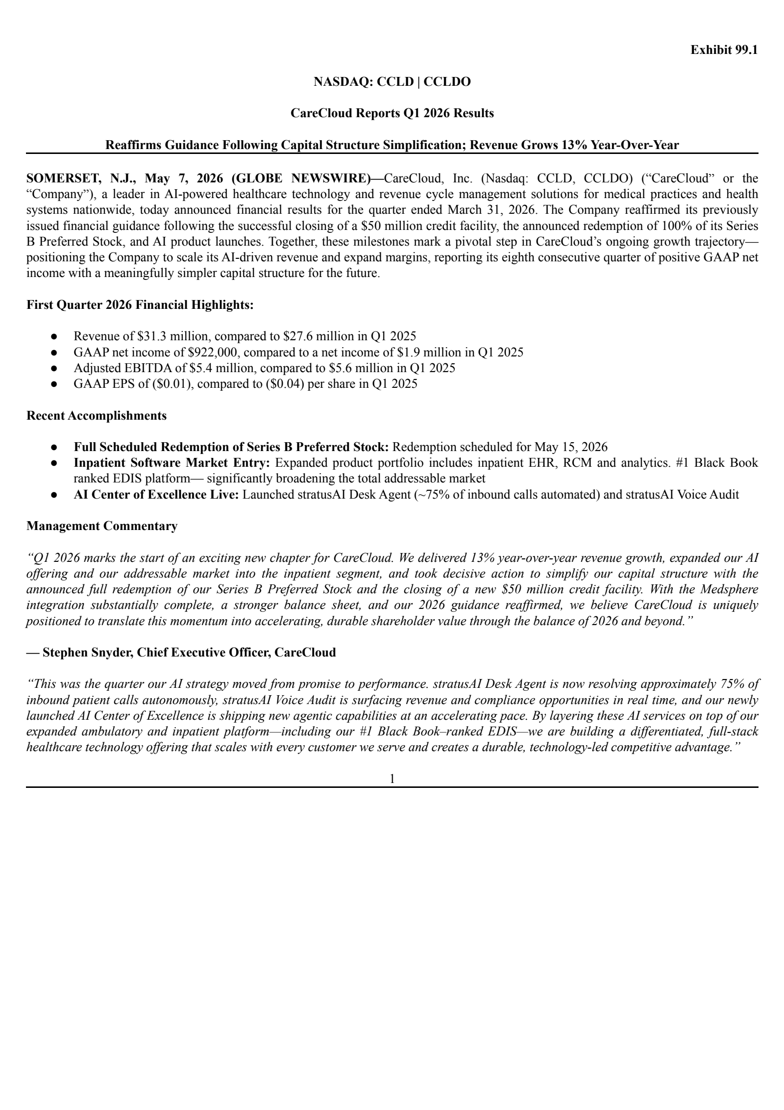 CareCloud's Q1 2026 Press Release