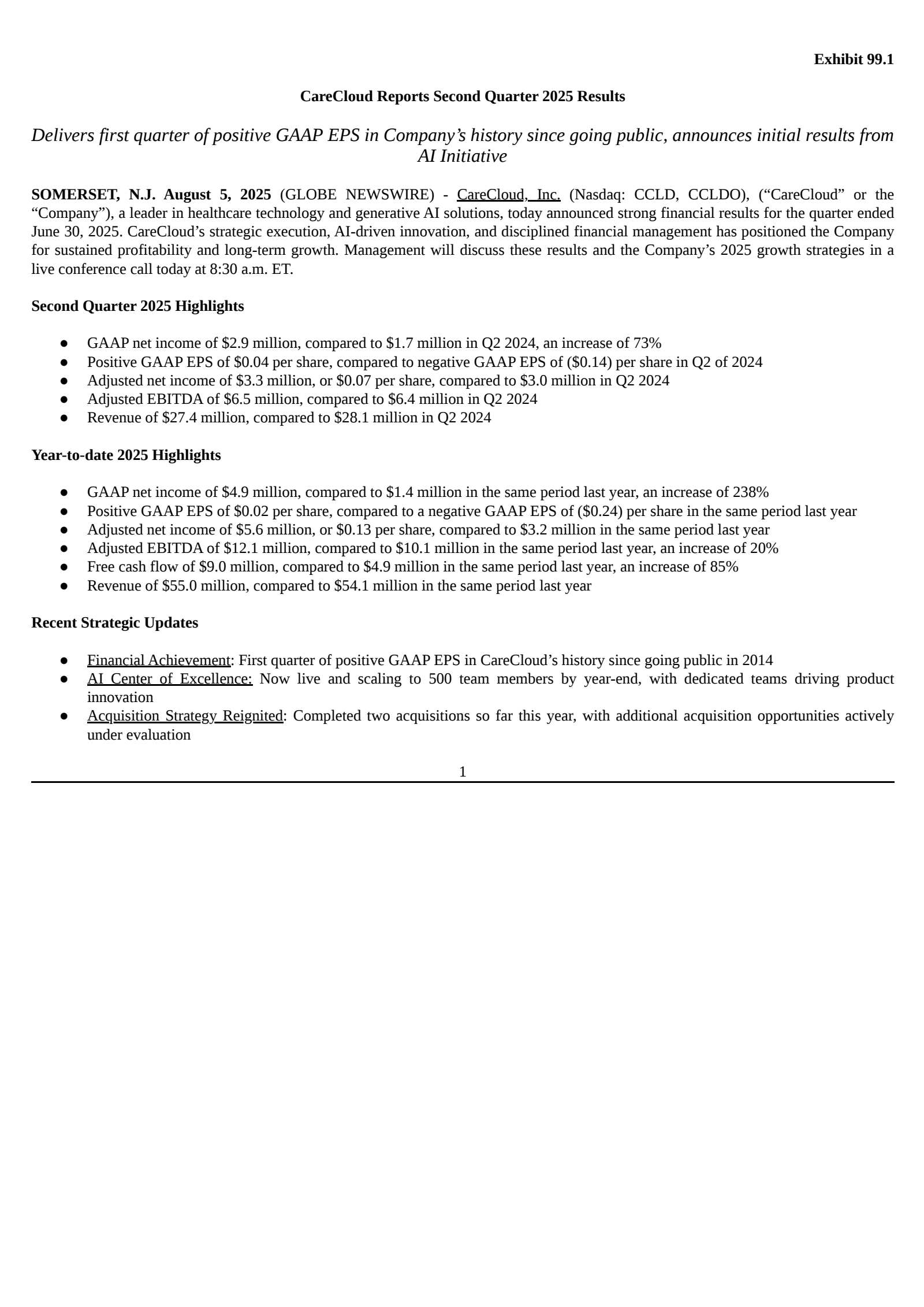 CareCloud's Q2 2025 Press Release