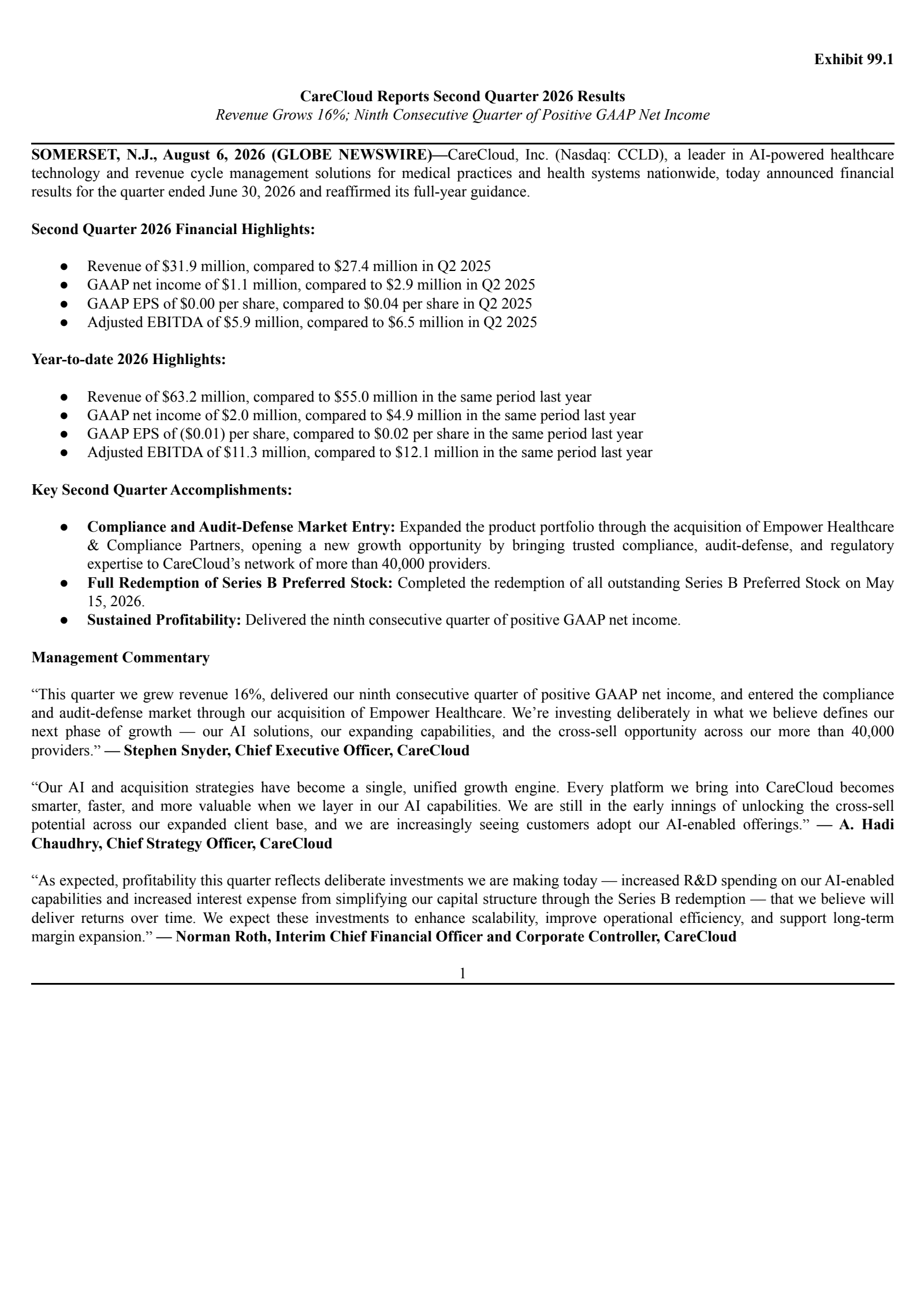 CareCloud's Q2 2026 Press Release