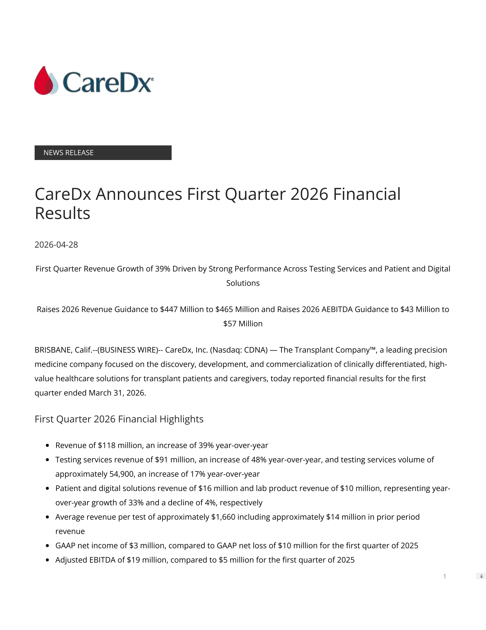 CareDx's Q1 2026 Press Release