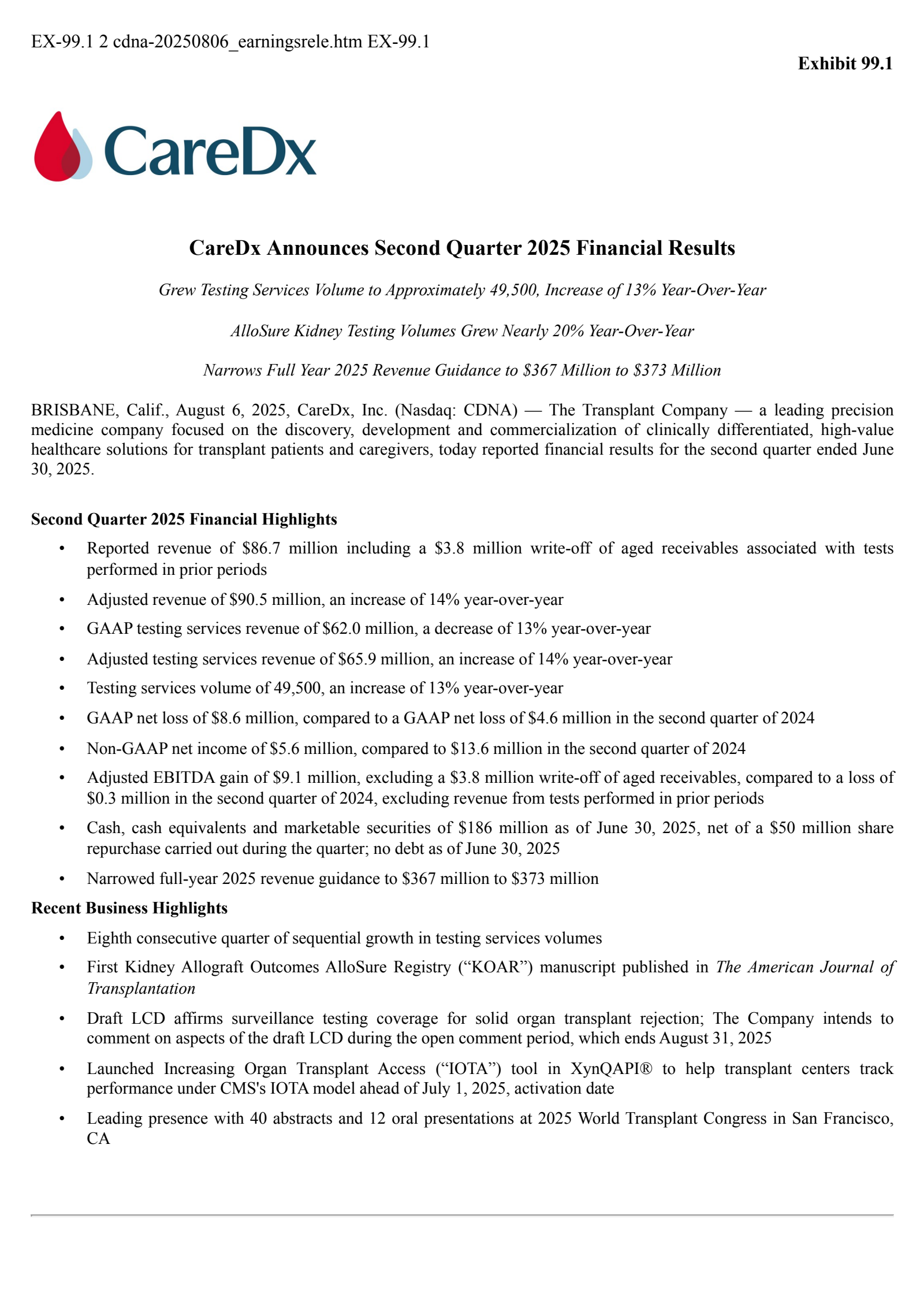 CareDx's Q2 2025 Press Release