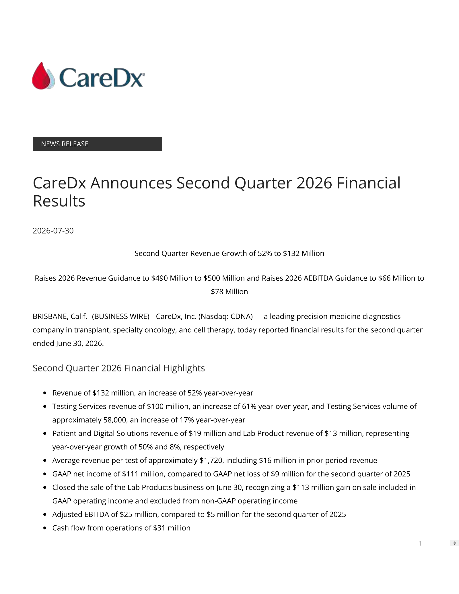 CareDx's Q2 2026 Press Release