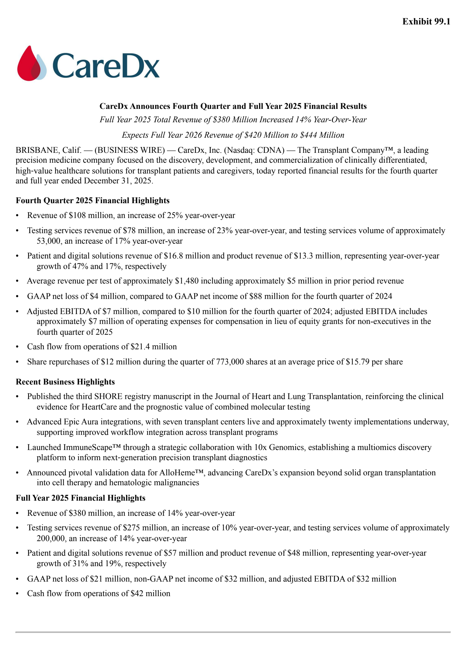 CareDx's Q4 2025 Press Release