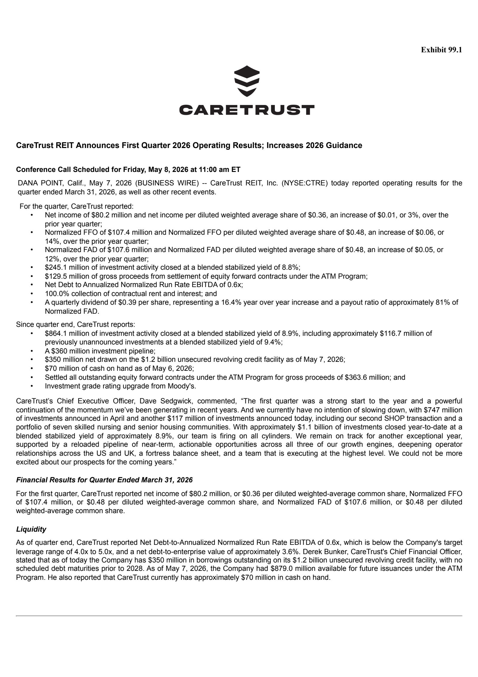CareTrust REIT's Q1 2026 Press Release