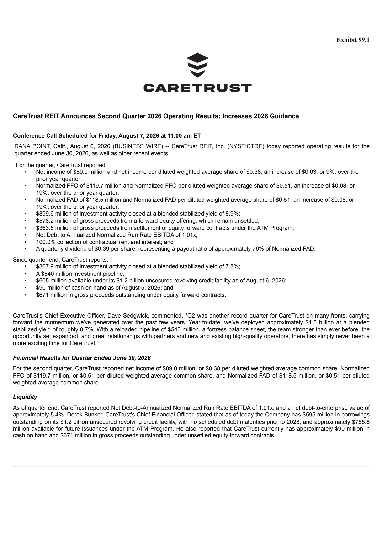 CareTrust REIT's Q2 2026 Press Release