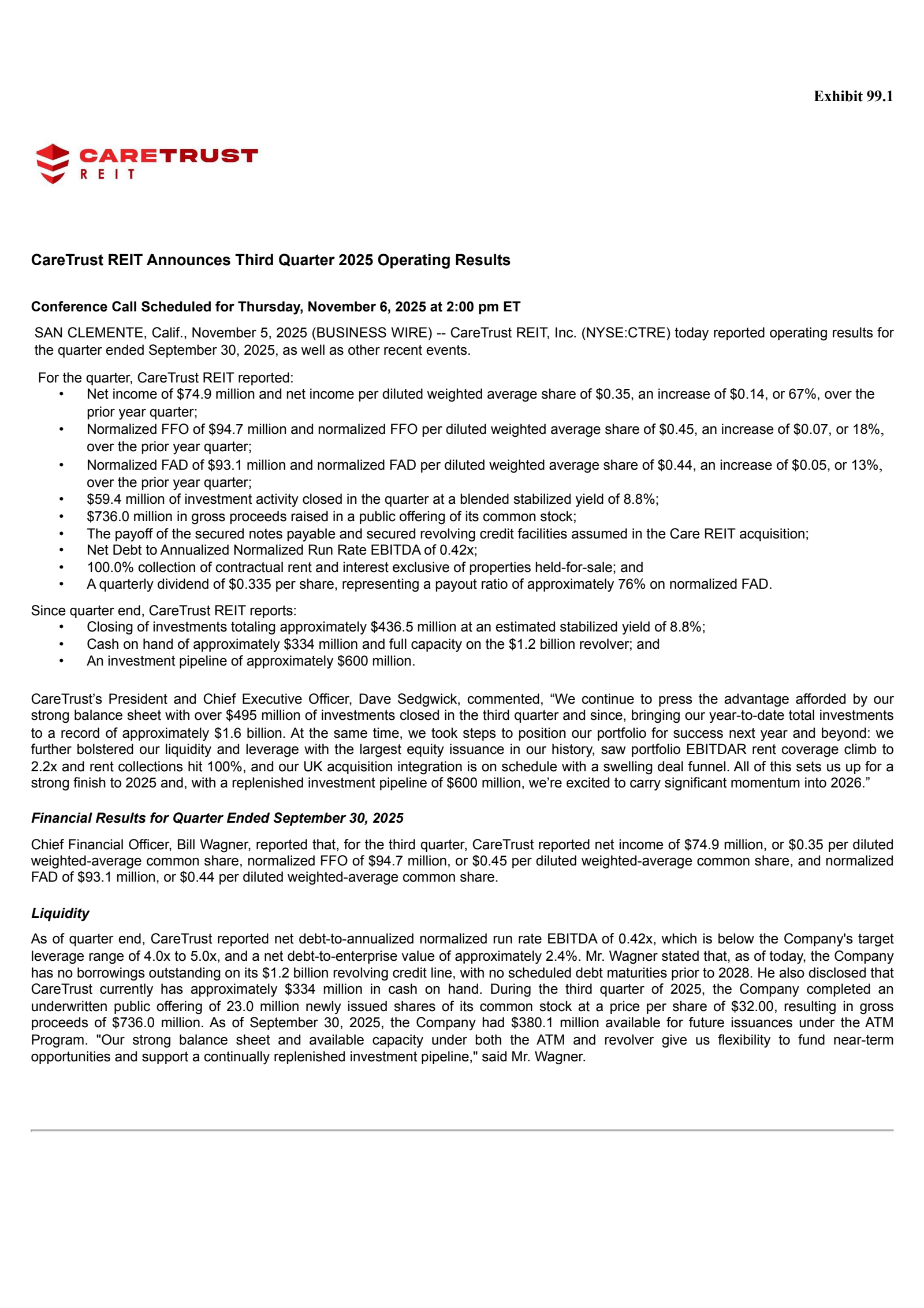 CareTrust REIT's Q3 2025 Earnings Release