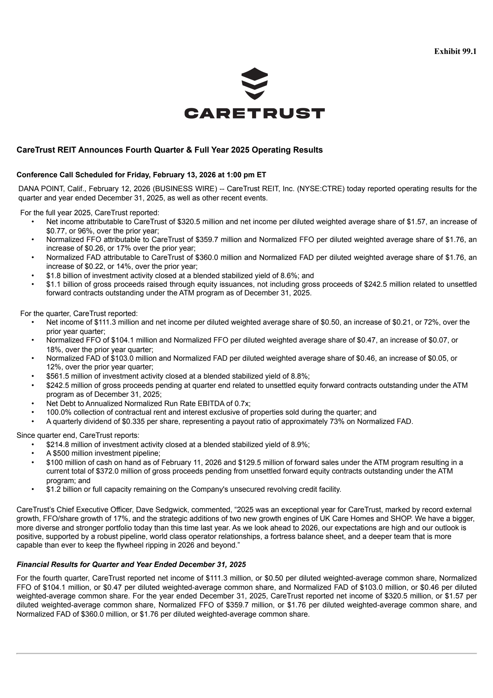 CareTrust REIT's Q4 2025 Press Release