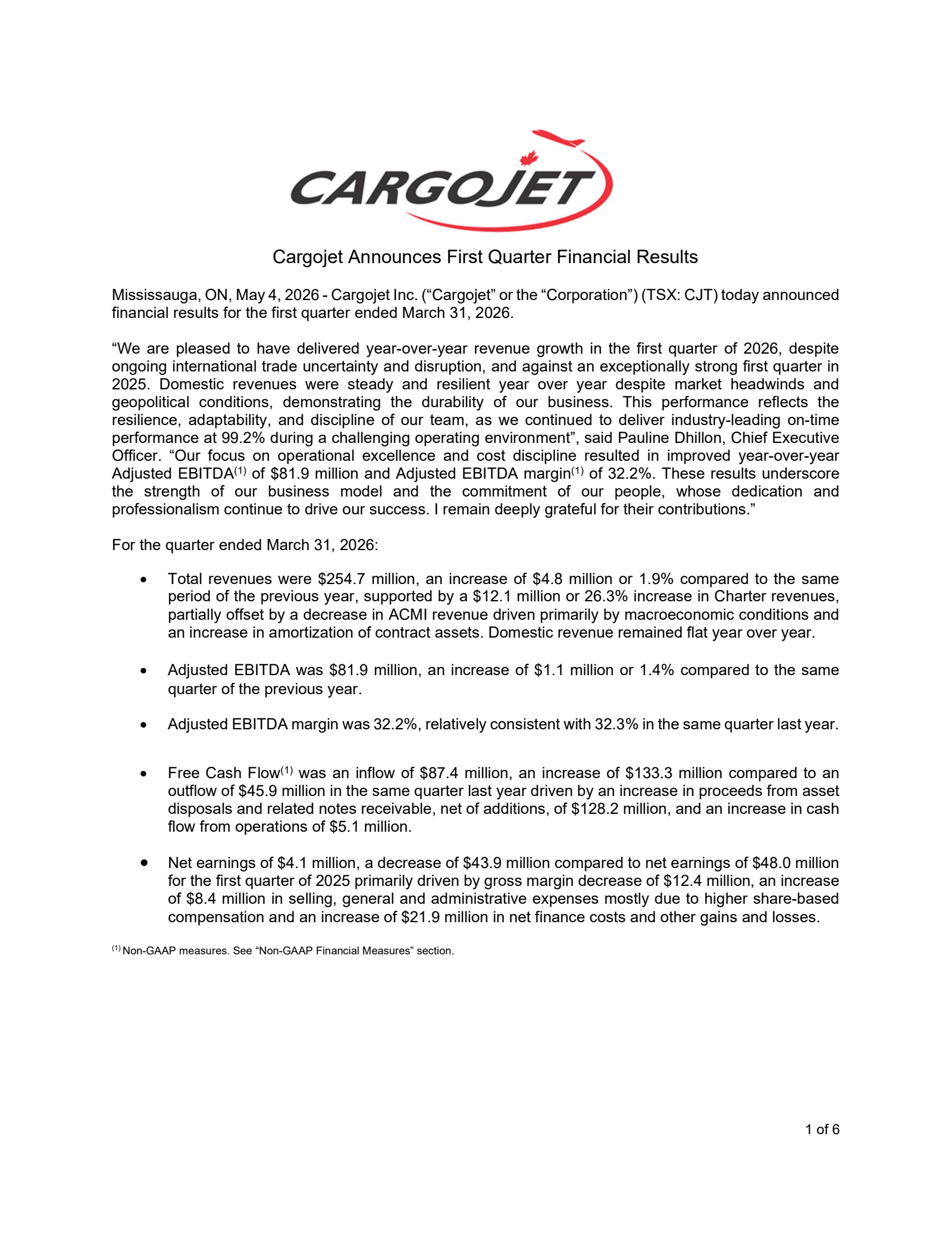 Cargojet's Q1 2026 Press Release