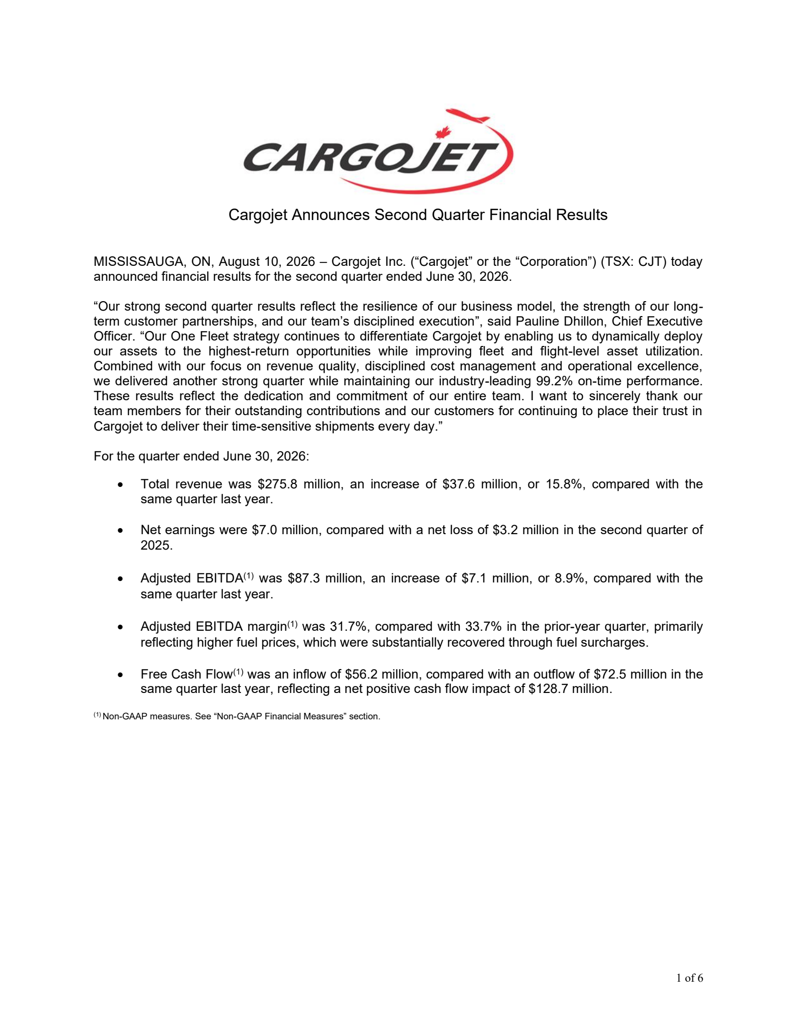 Cargojet's Q2 2026 Press Release