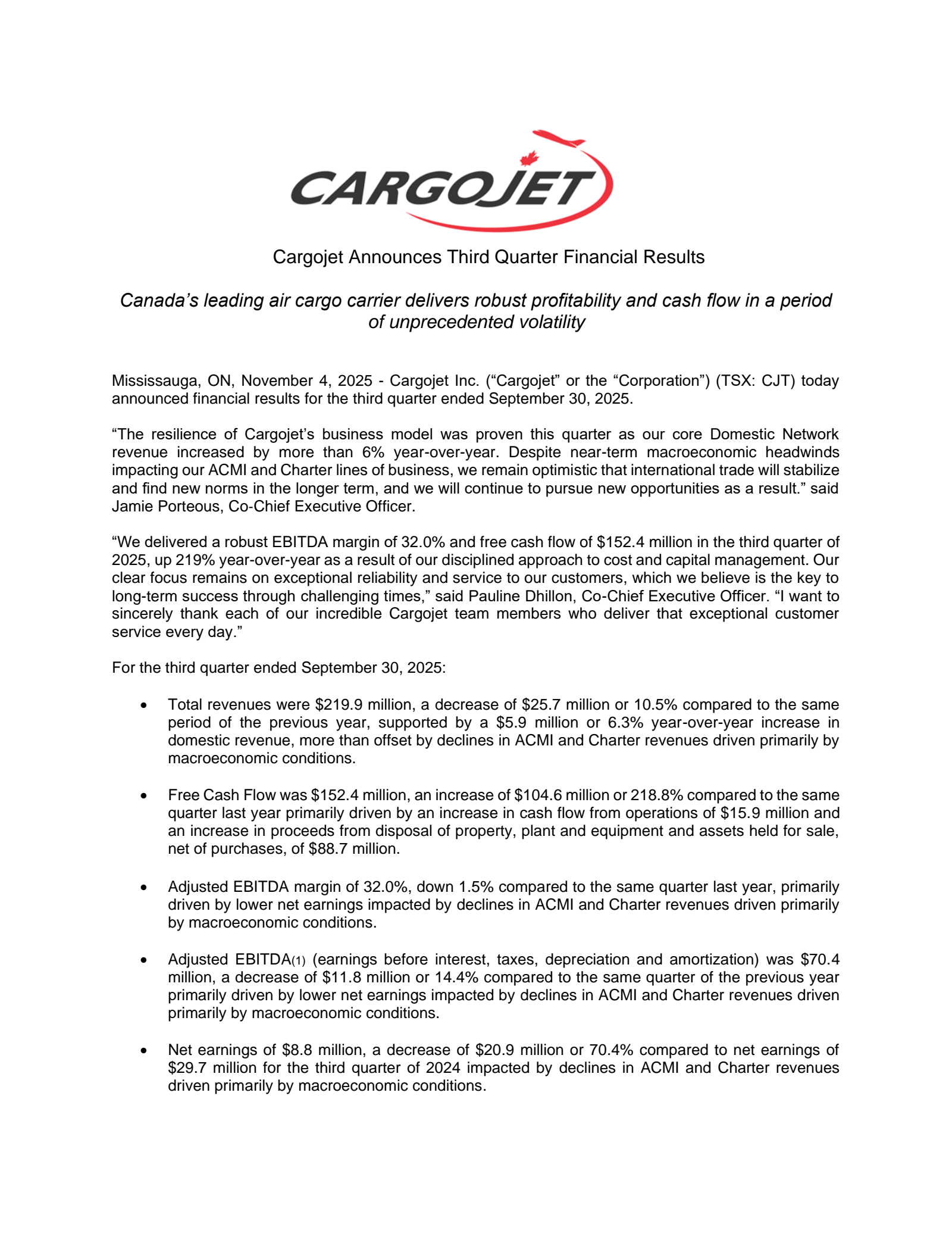 Cargojet's Q3 2025 Earnings Release