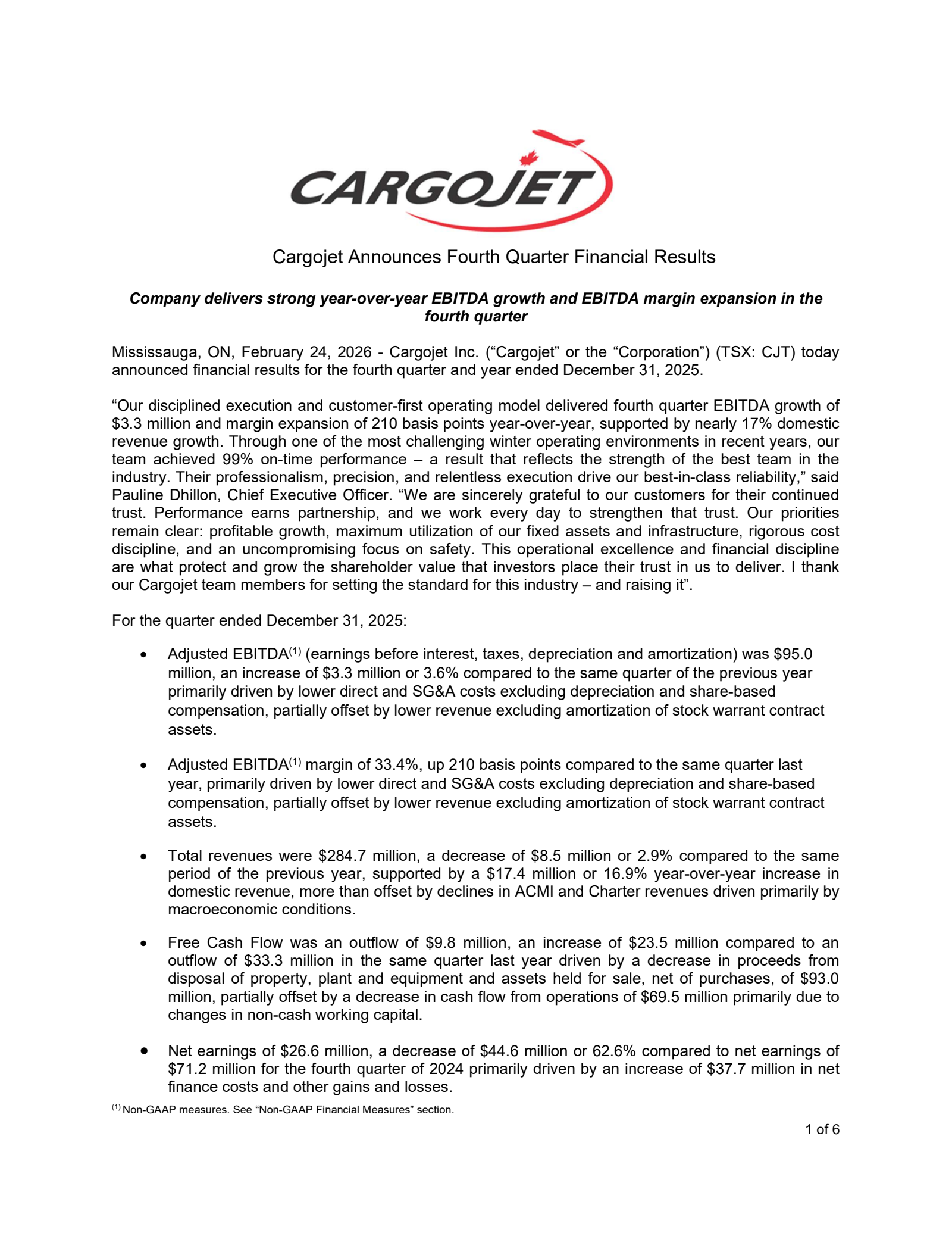 Cargojet's Q4 2025 Press Release