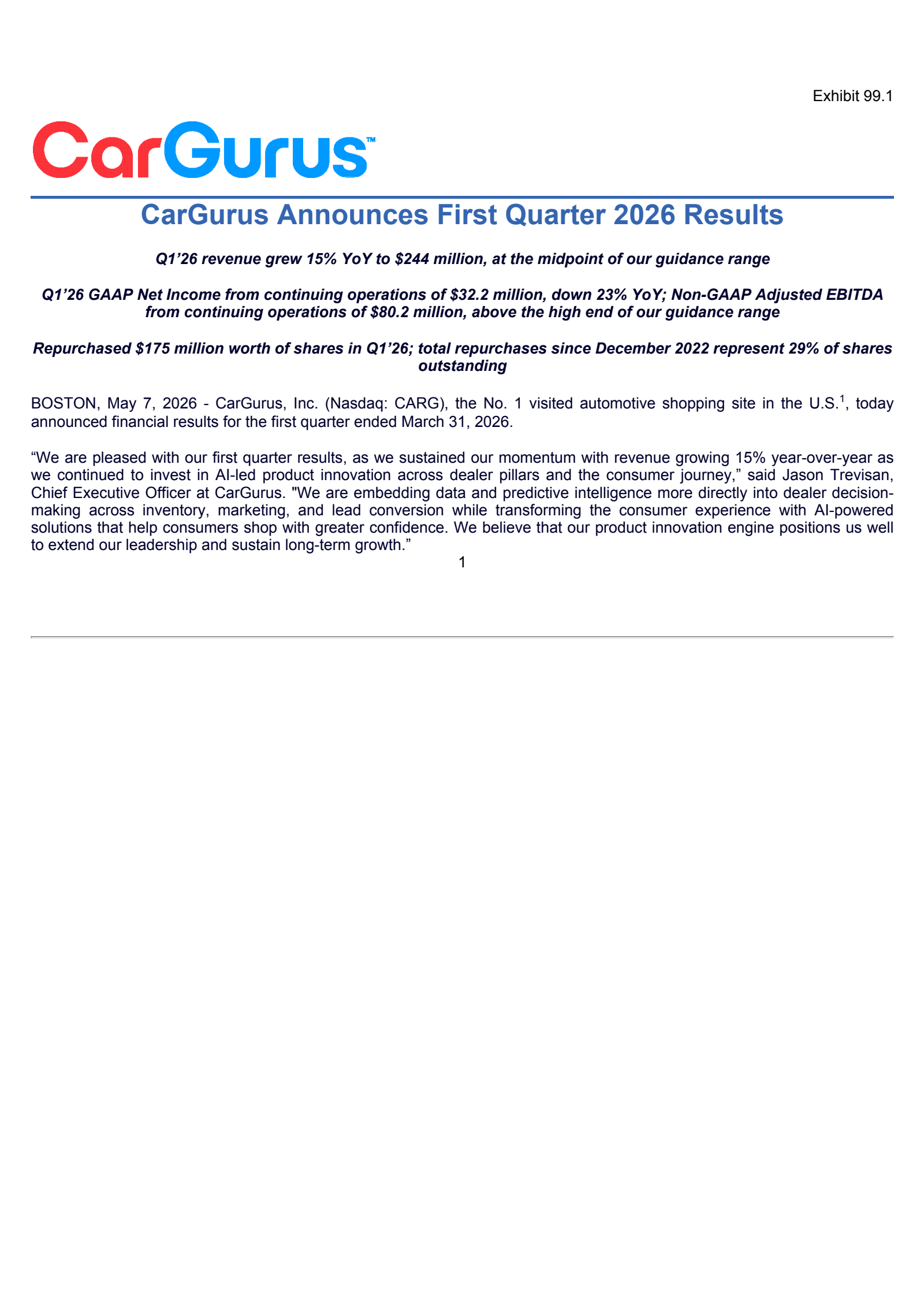 CarGurus' Q1 2026 Press Release