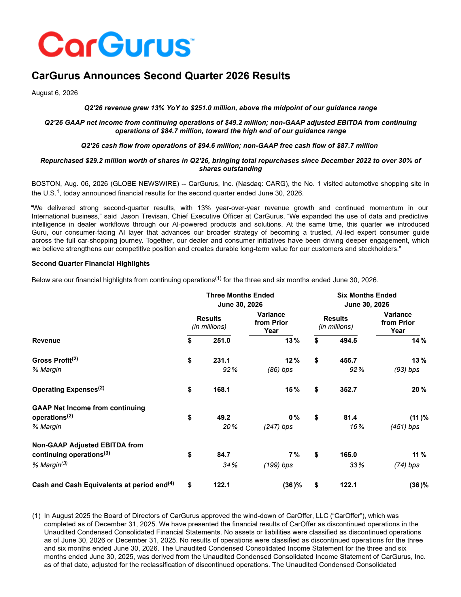 CarGurus' Q2 2026 Press Release