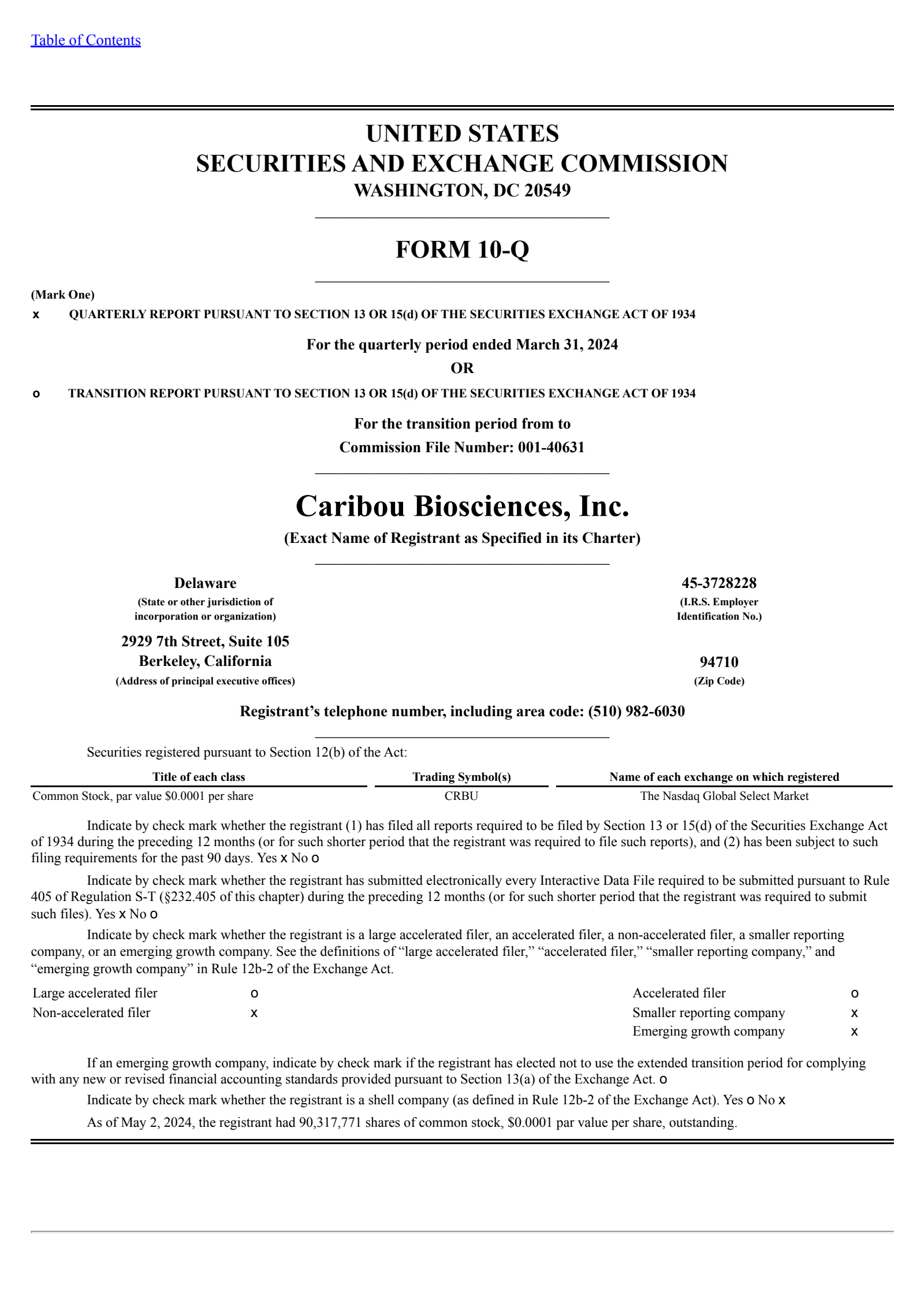 Caribou Biosciences' Q1 2024 Quarterly report