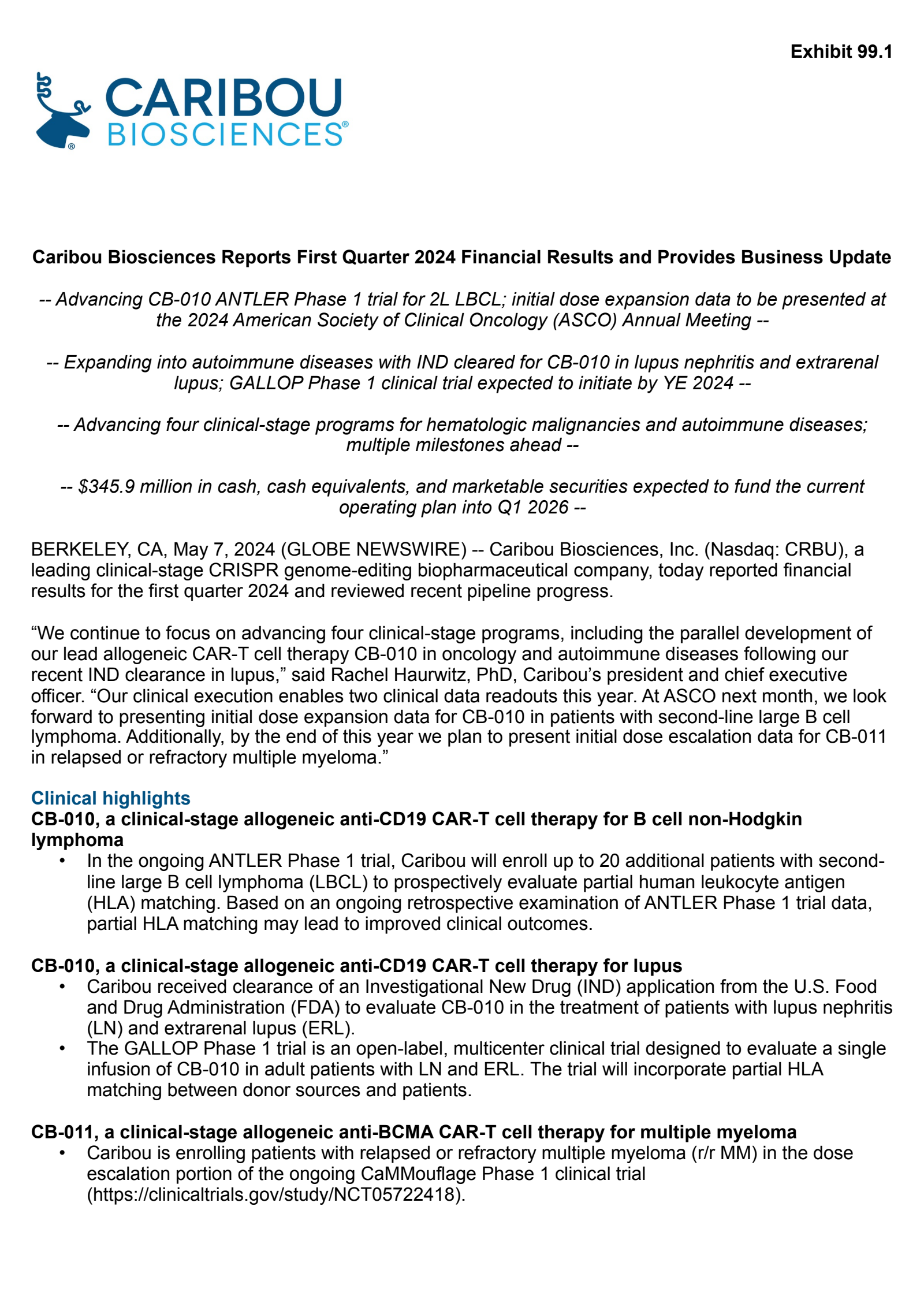 Caribou Biosciences' Q1 2024 Press Release