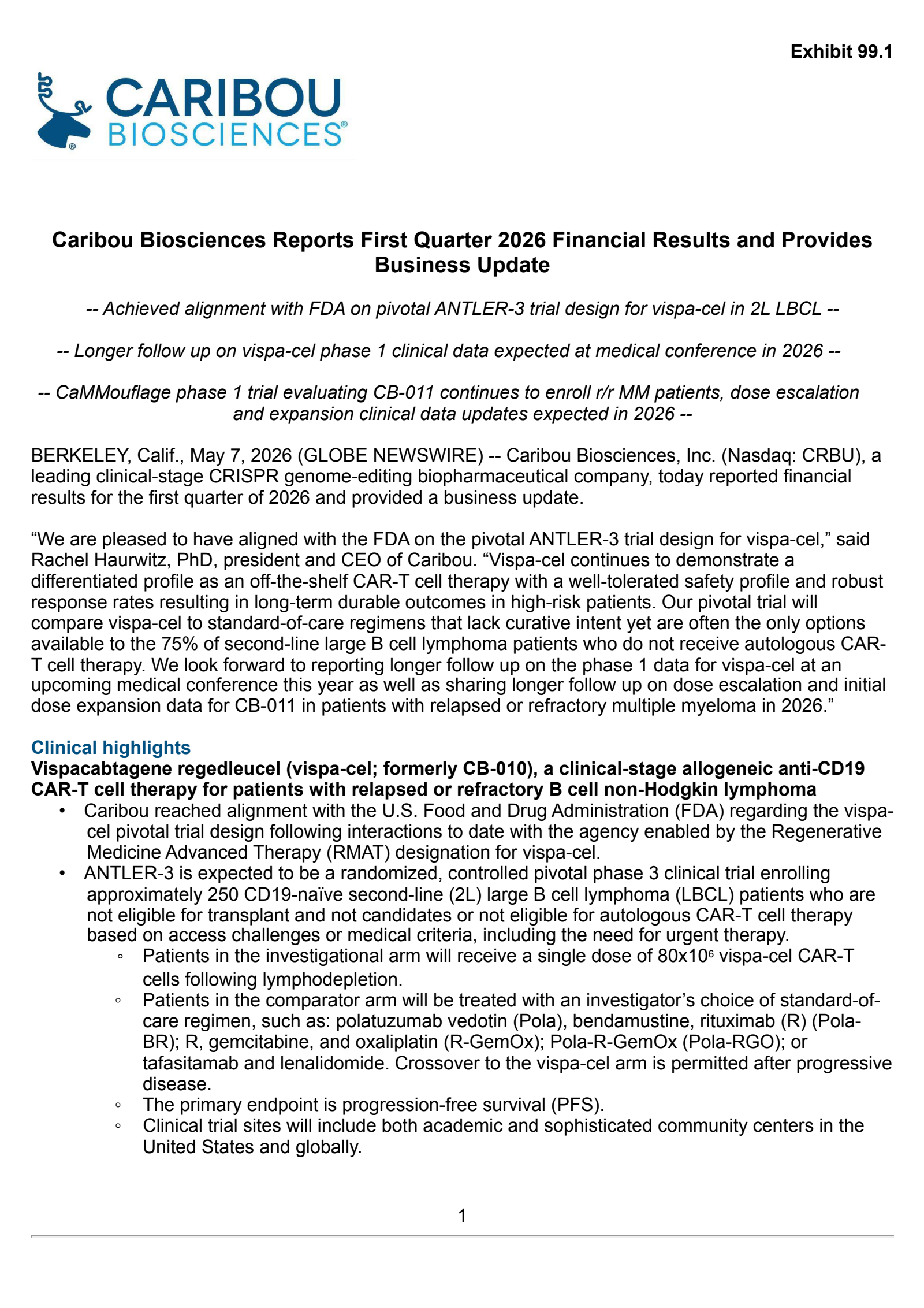 Caribou Biosciences' Q1 2026 Press Release