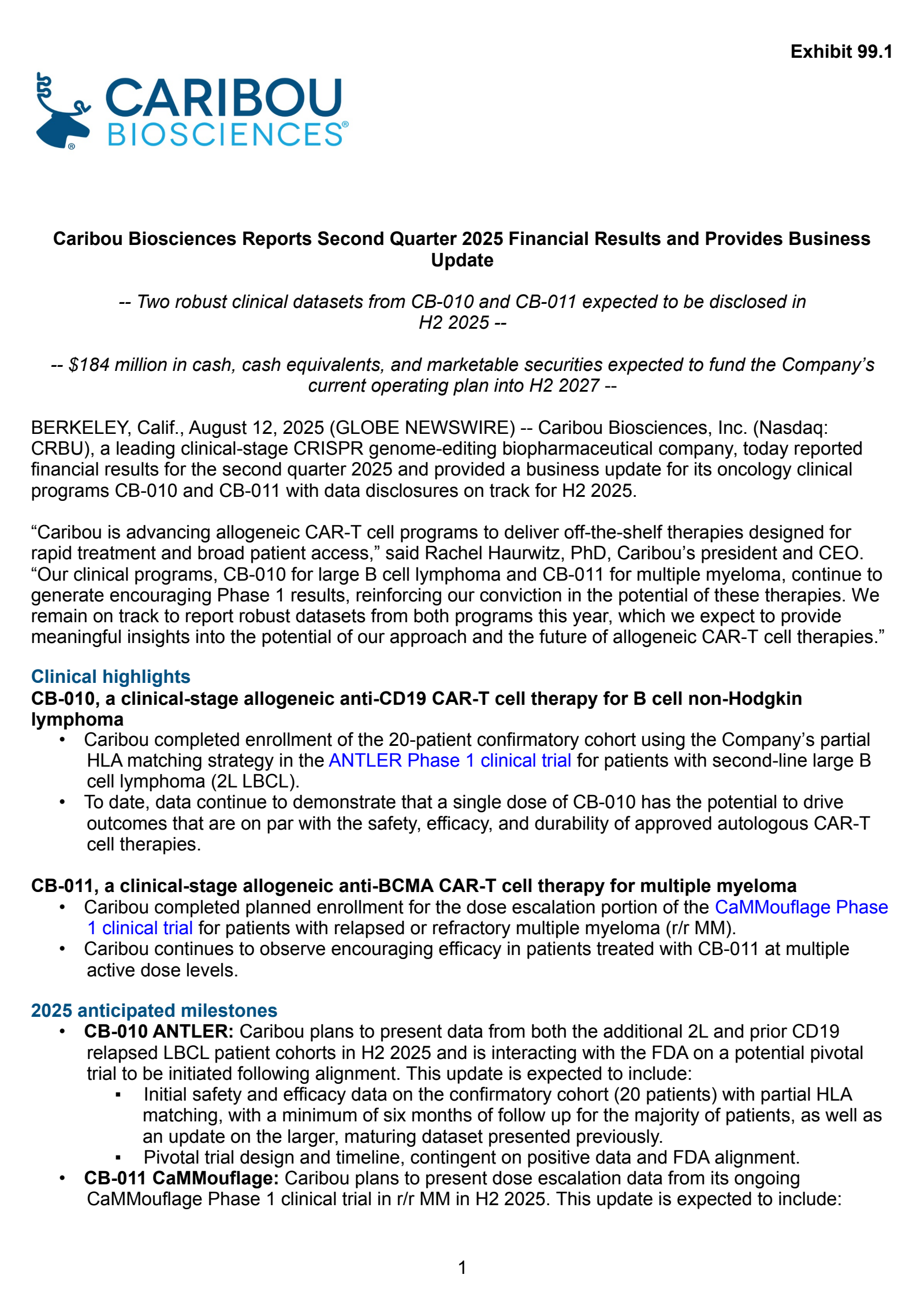 Caribou Biosciences' Q2 2025 Press Release