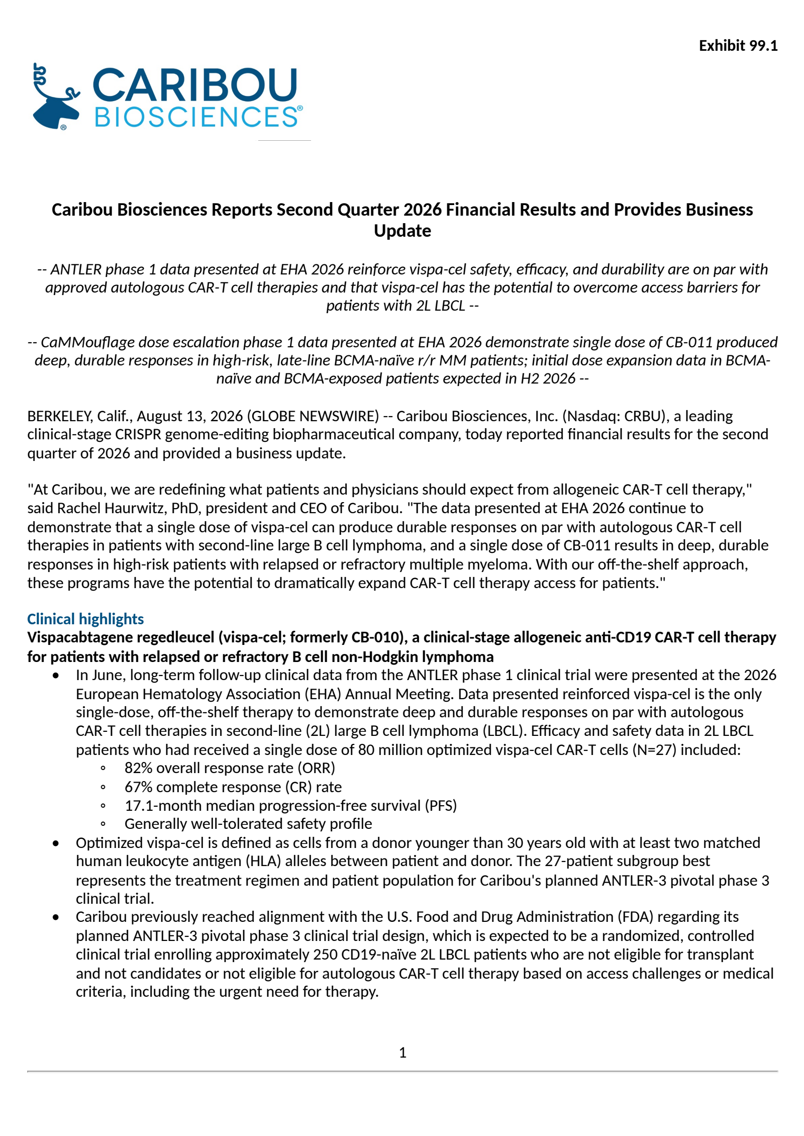 Caribou Biosciences' Q2 2026 Press Release