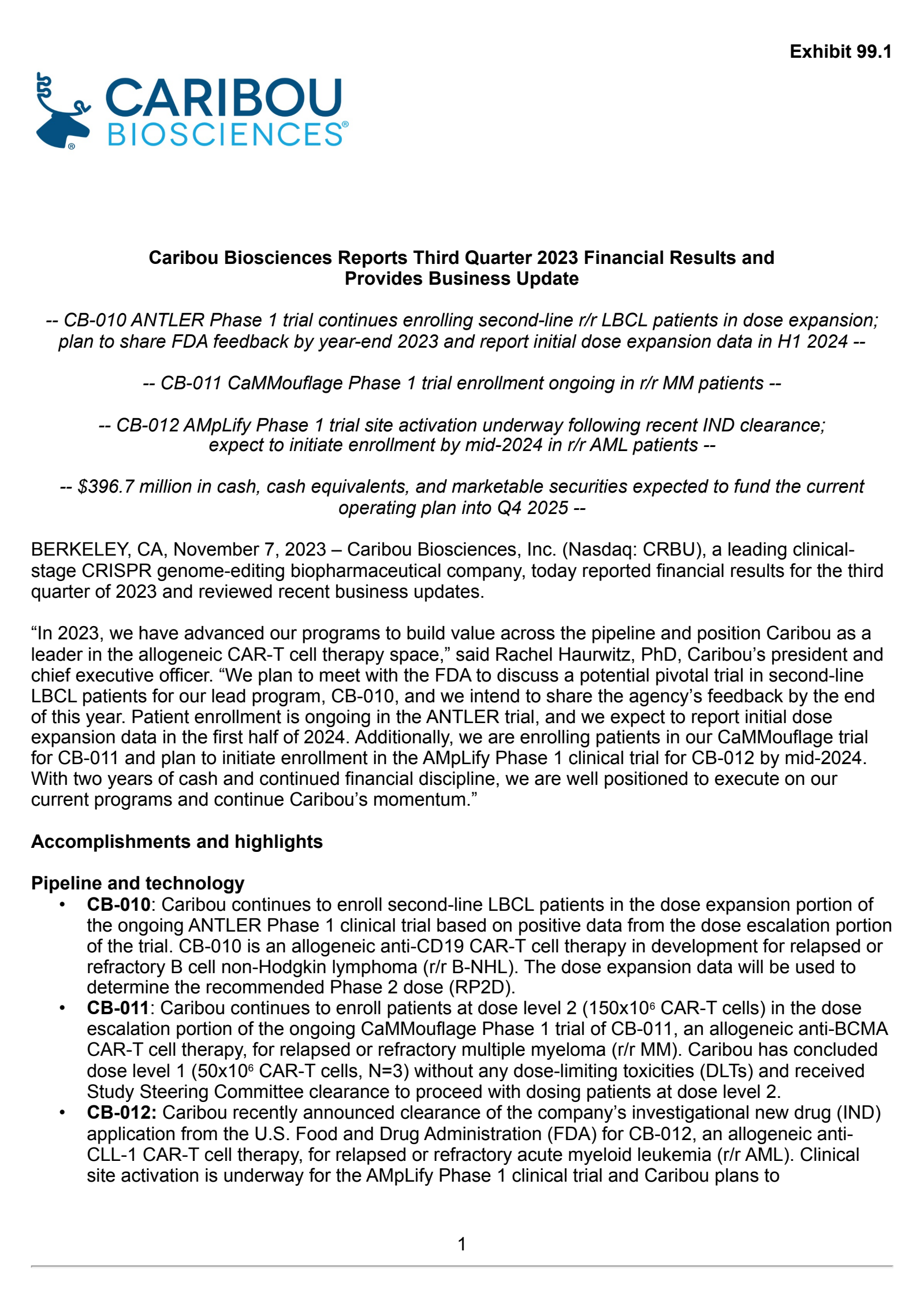 Caribou Biosciences' Q3 2023 Press Release