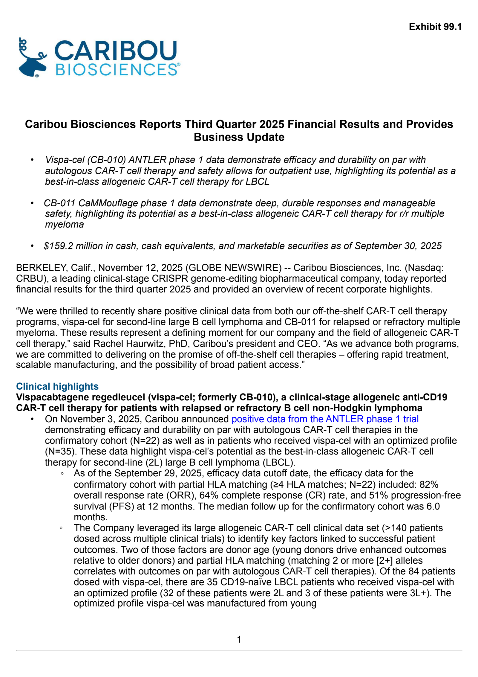 Caribou Biosciences' Q3 2025 Earnings Release