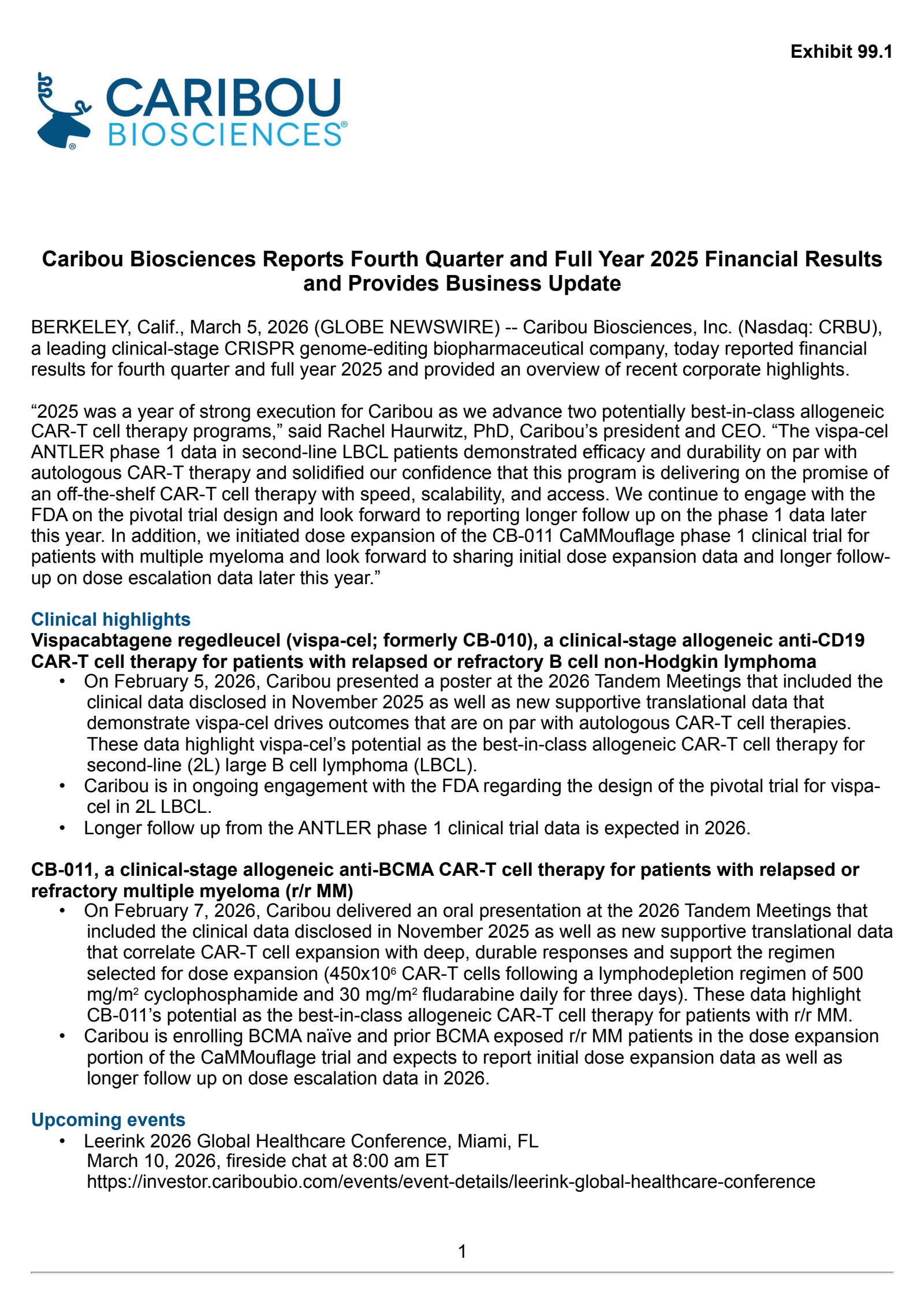 Caribou Biosciences' Q4 2025 Press Release
