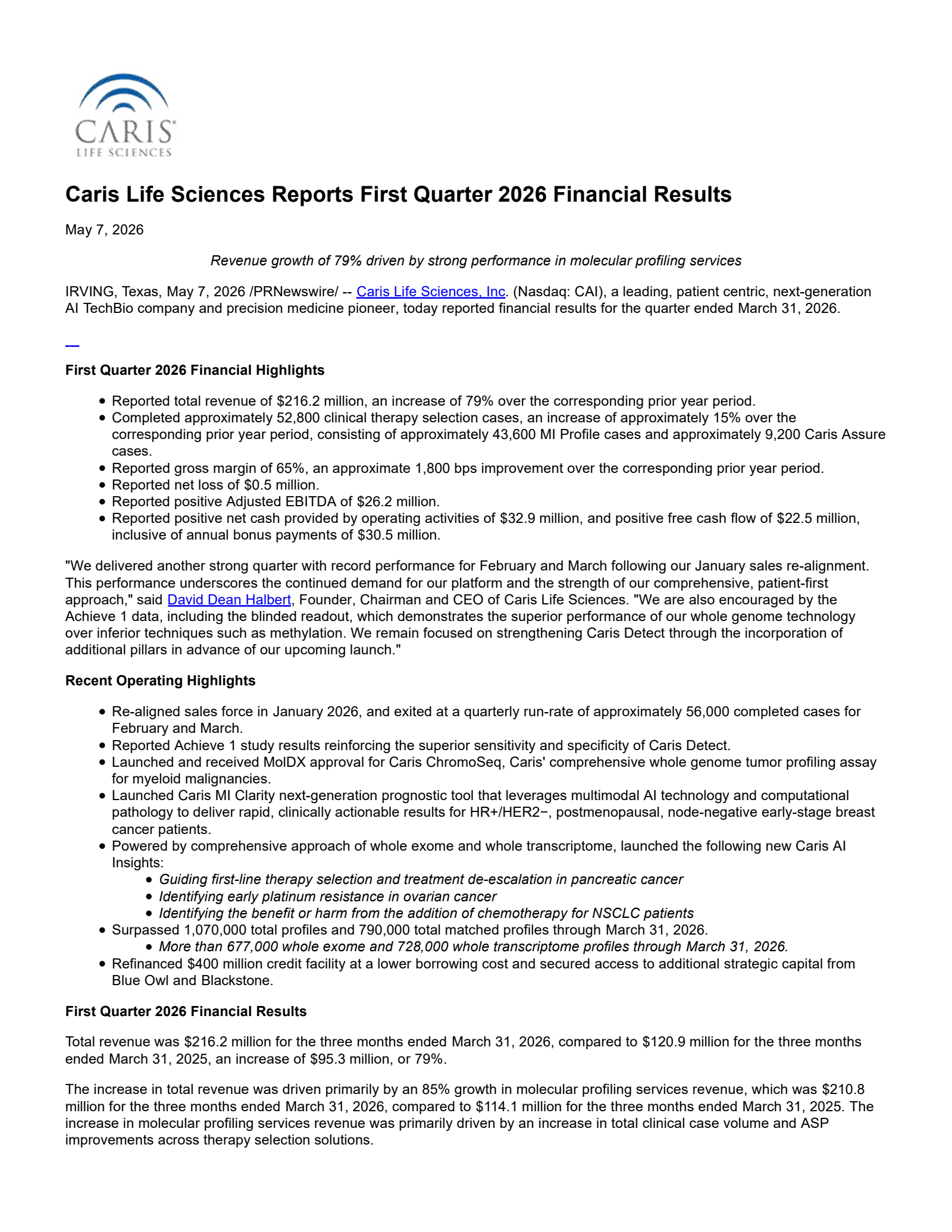 Caris Life Sciences' Q1 2026 Press Release