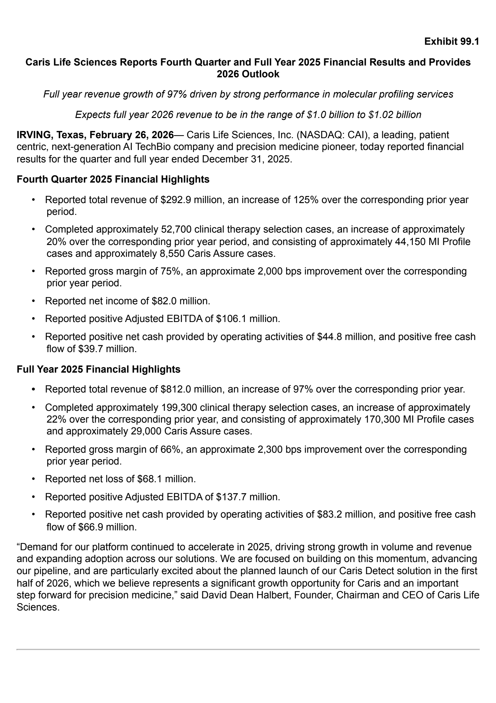 Caris Life Sciences' Q4 2025 Press Release