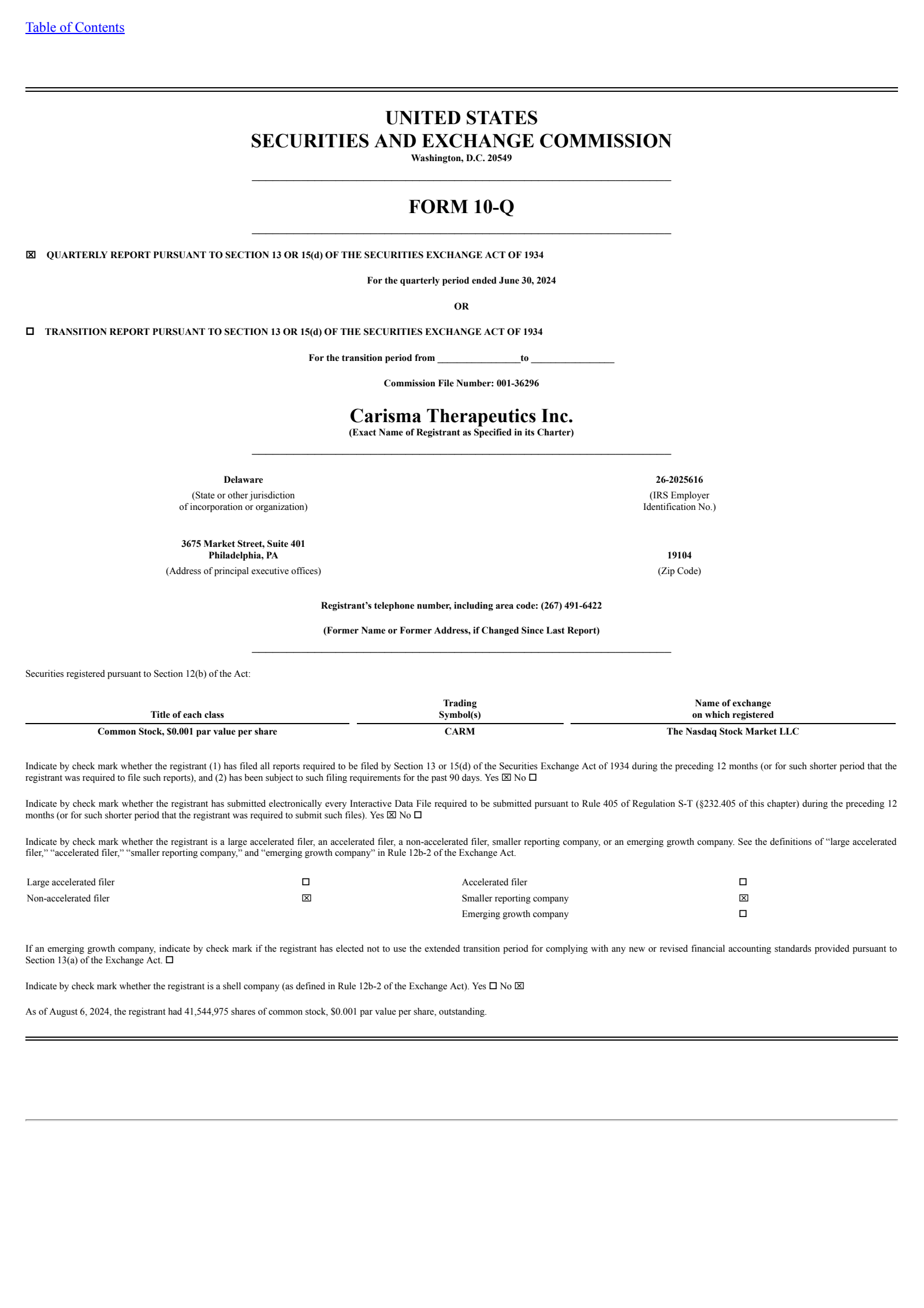Carisma Therapeutics' Q2 2024 Quarterly Report