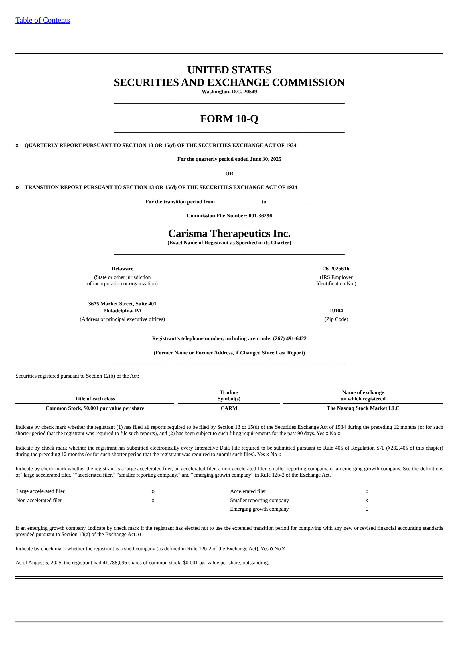 Carisma Therapeutics' Q2 2025 Quarterly report