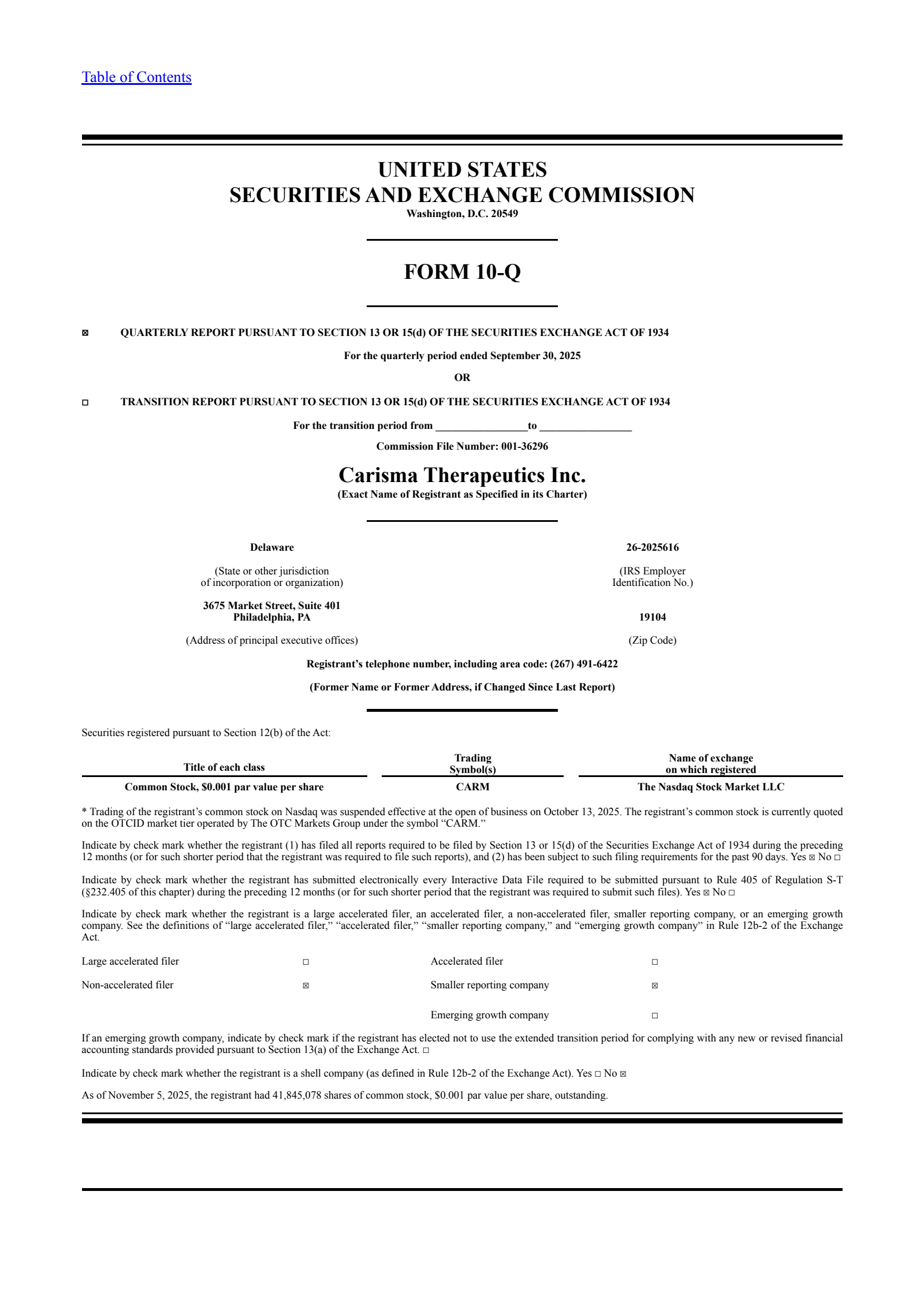 Carisma Therapeutics' Q3 2025 Quarterly Report