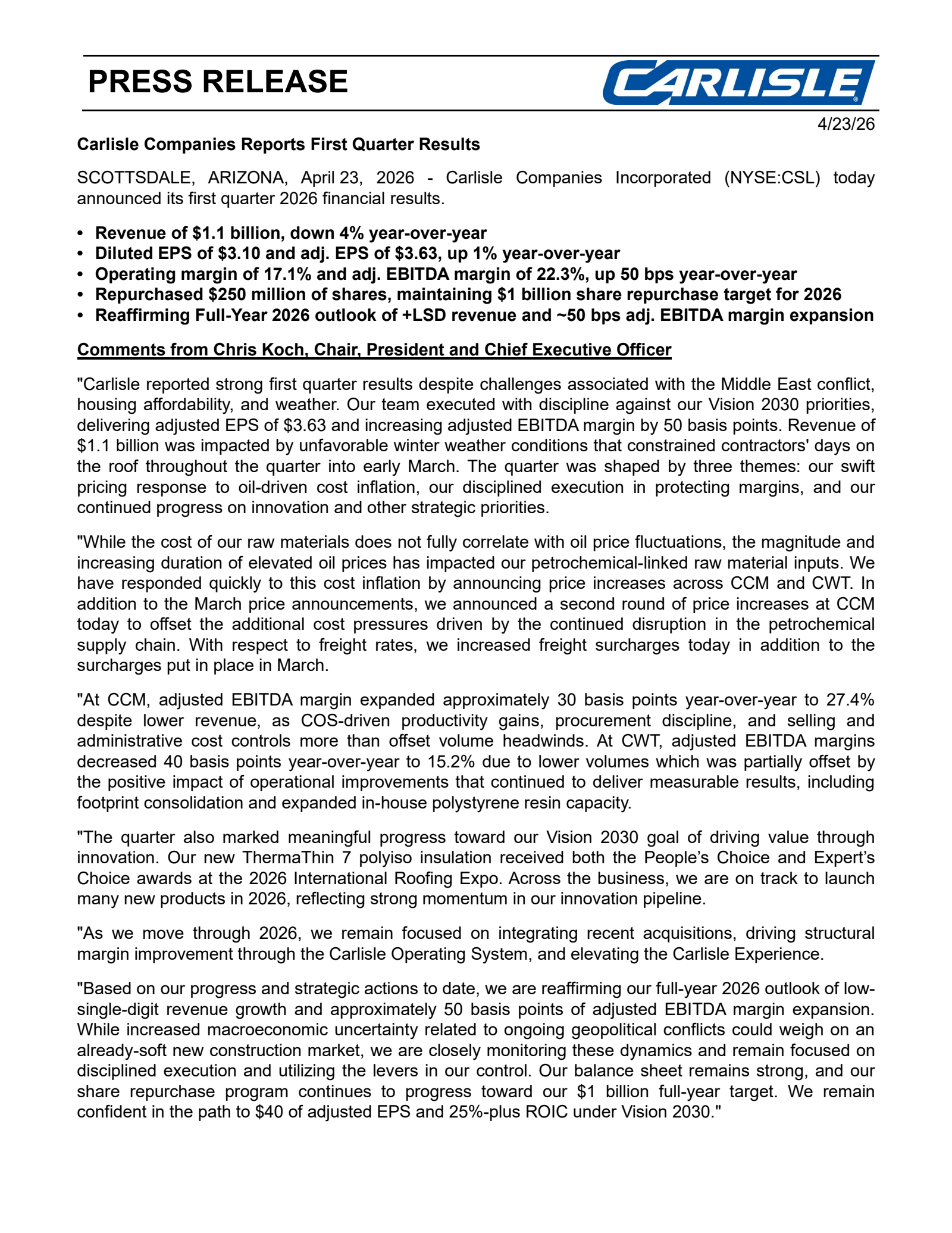 Carlisle Companies' Q1 2026 Press Release