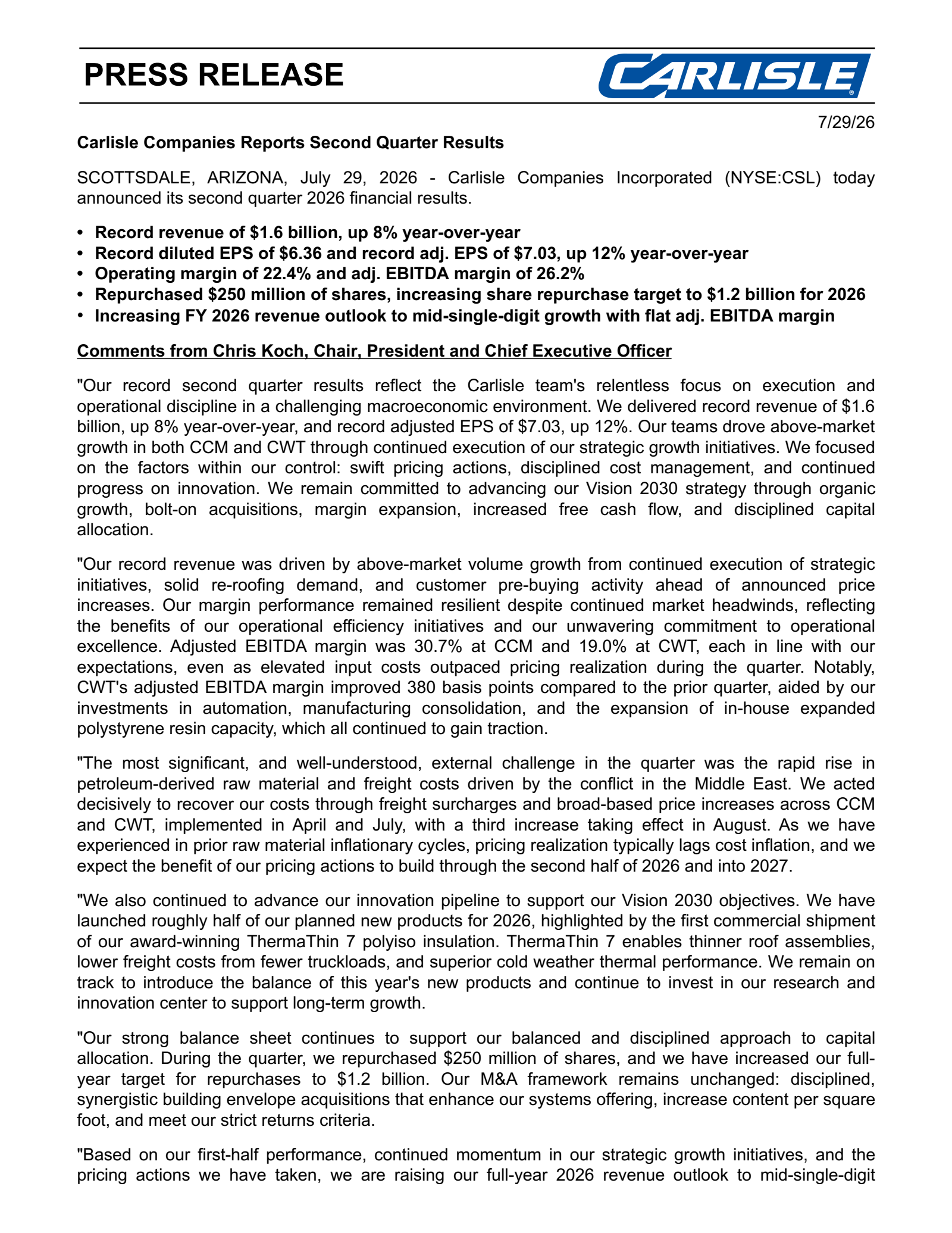 Carlisle Companies' Q2 2026 Press Release