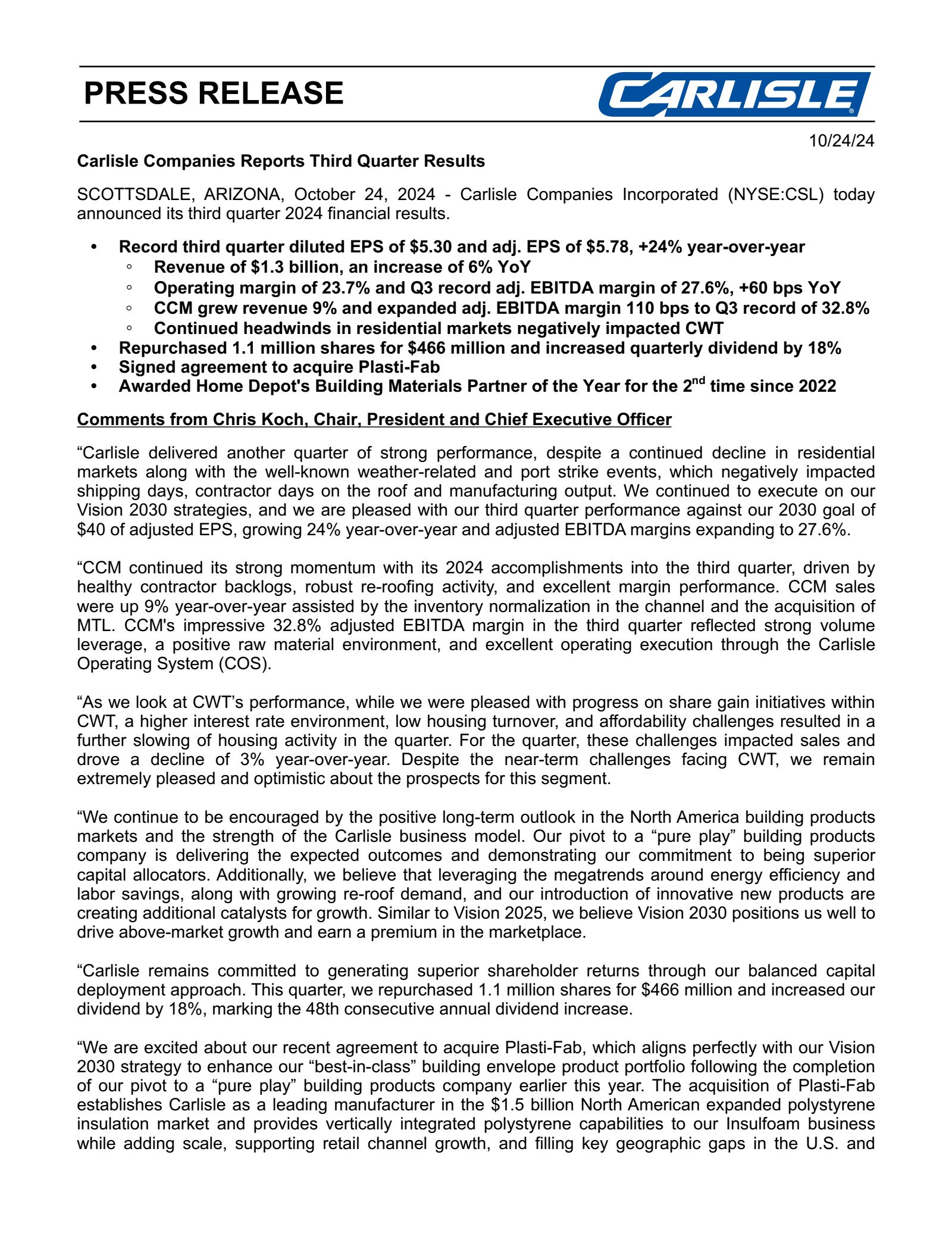 Carlisle Companies' Q3 2024 Earnings Release